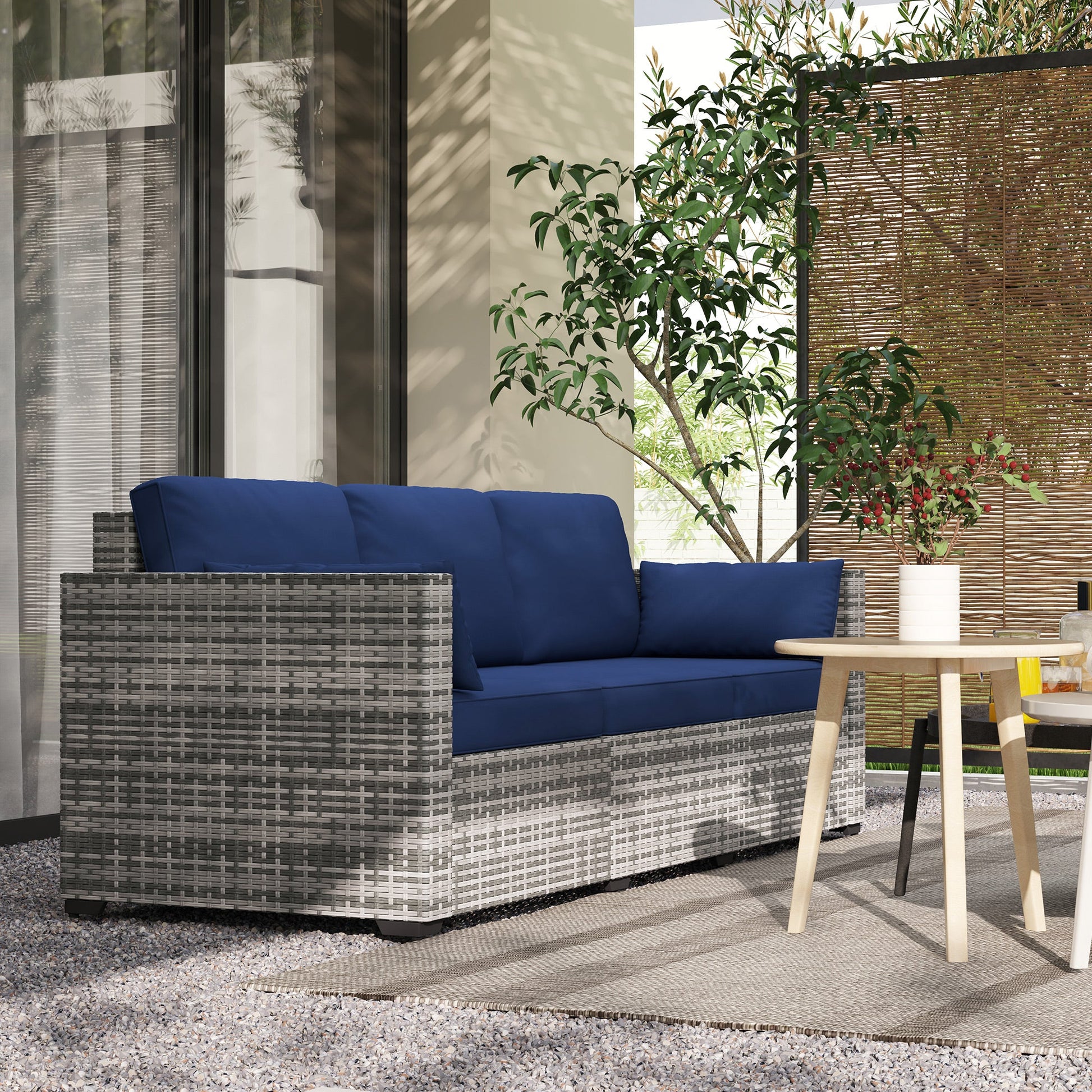 Three-Seater Outdoor Sofa with Cushions, PE Rattan Conversation Patio Wicker Couch Furniture with Pillows for Garden, Poolside, Deck, Balcony, Backyard, Dark Blue