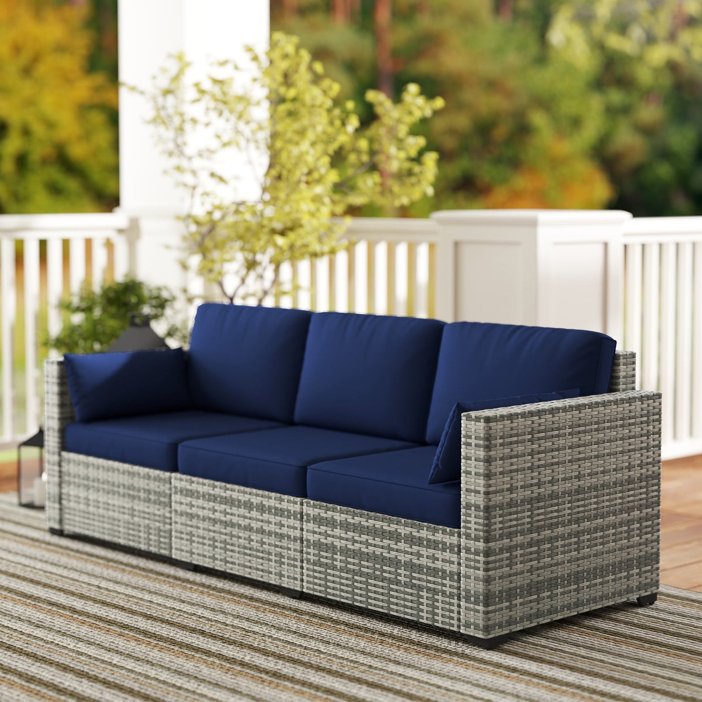 Three-Seater Outdoor Sofa with Cushions, PE Rattan Conversation Patio Wicker Couch Furniture with Pillows for Garden, Poolside, Deck, Balcony, Backyard, Dark Blue