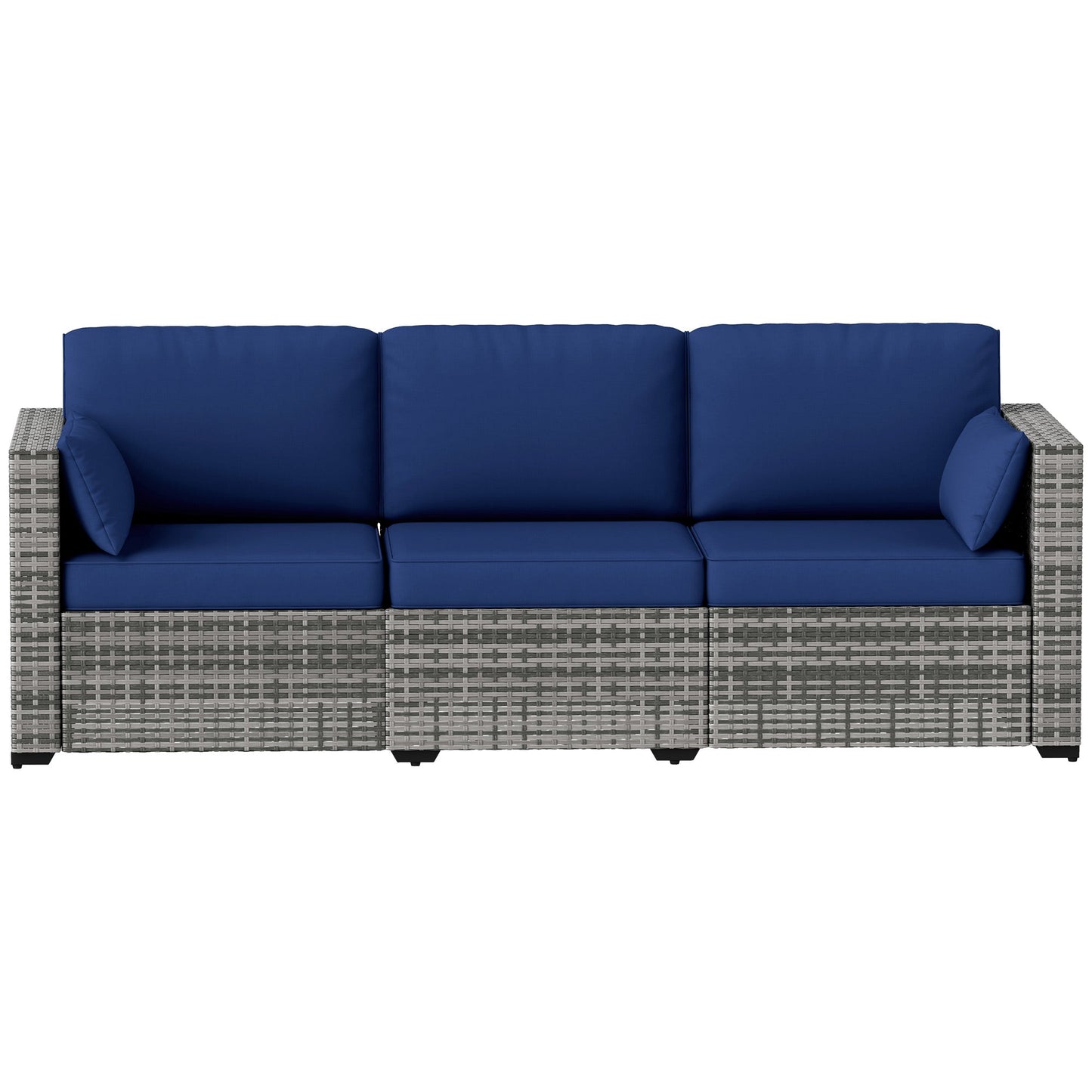 Three-Seater Outdoor Sofa with Cushions, PE Rattan Conversation Patio Wicker Couch Furniture with Pillows for Garden, Poolside, Deck, Balcony, Backyard, Dark Blue