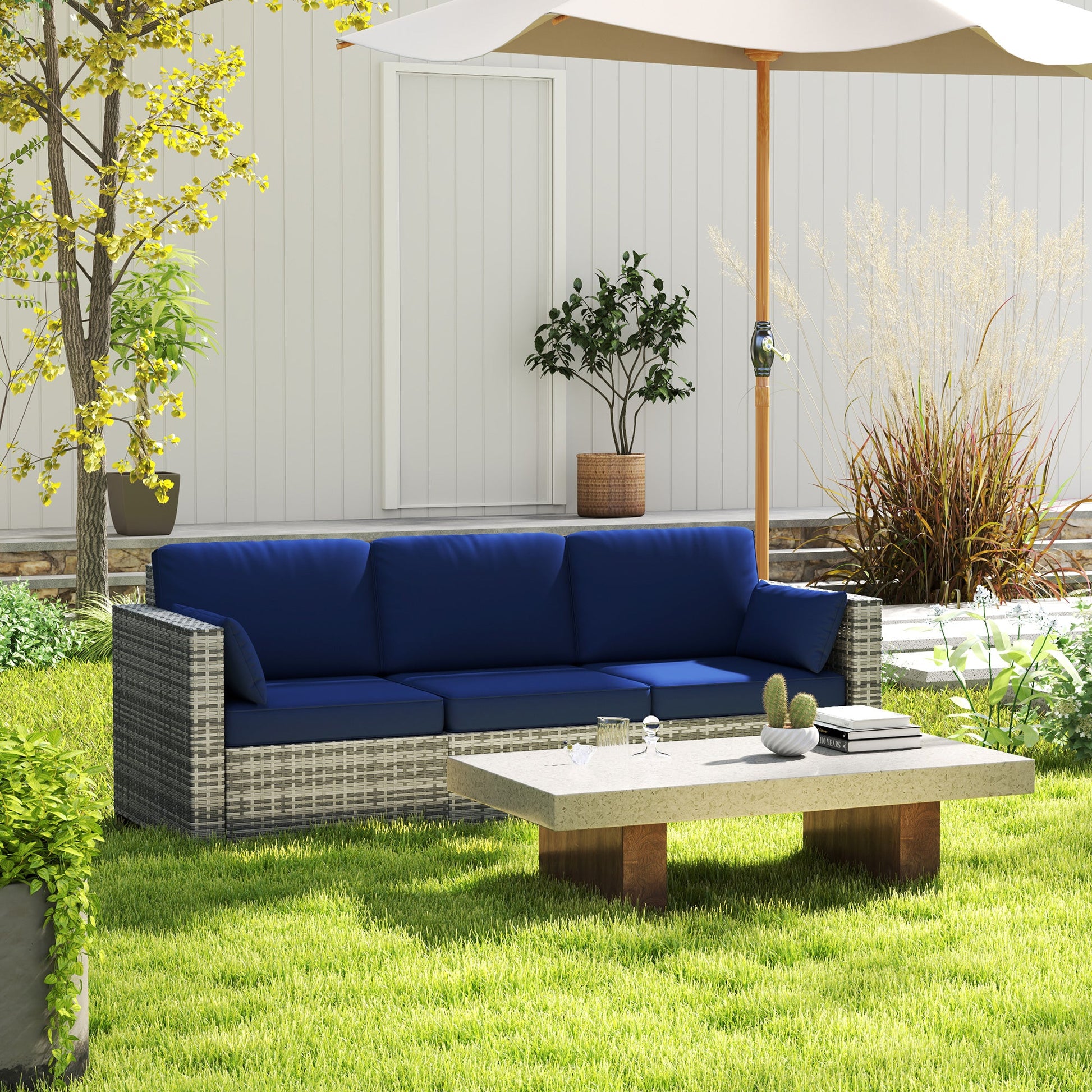 Three-Seater Outdoor Sofa with Cushions, PE Rattan Conversation Patio Wicker Couch Furniture with Pillows for Garden, Poolside, Deck, Balcony, Backyard, Dark Blue