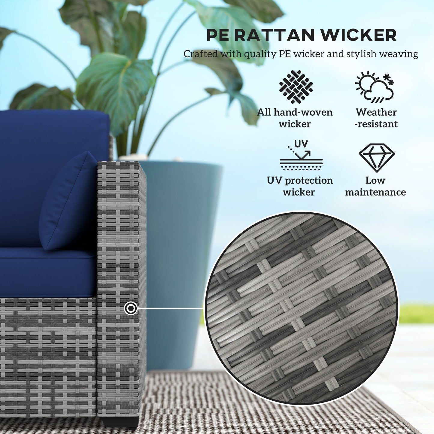 Three-Seater Outdoor Sofa with Cushions, PE Rattan Conversation Patio Wicker Couch Furniture with Pillows for Garden, Poolside, Deck, Balcony, Backyard, Dark Blue
