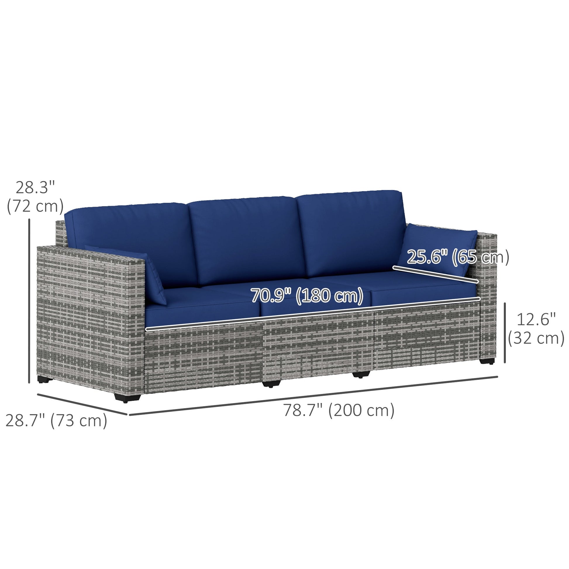 Three-Seater Outdoor Sofa with Cushions, PE Rattan Conversation Patio Wicker Couch Furniture with Pillows for Garden, Poolside, Deck, Balcony, Backyard, Dark Blue
