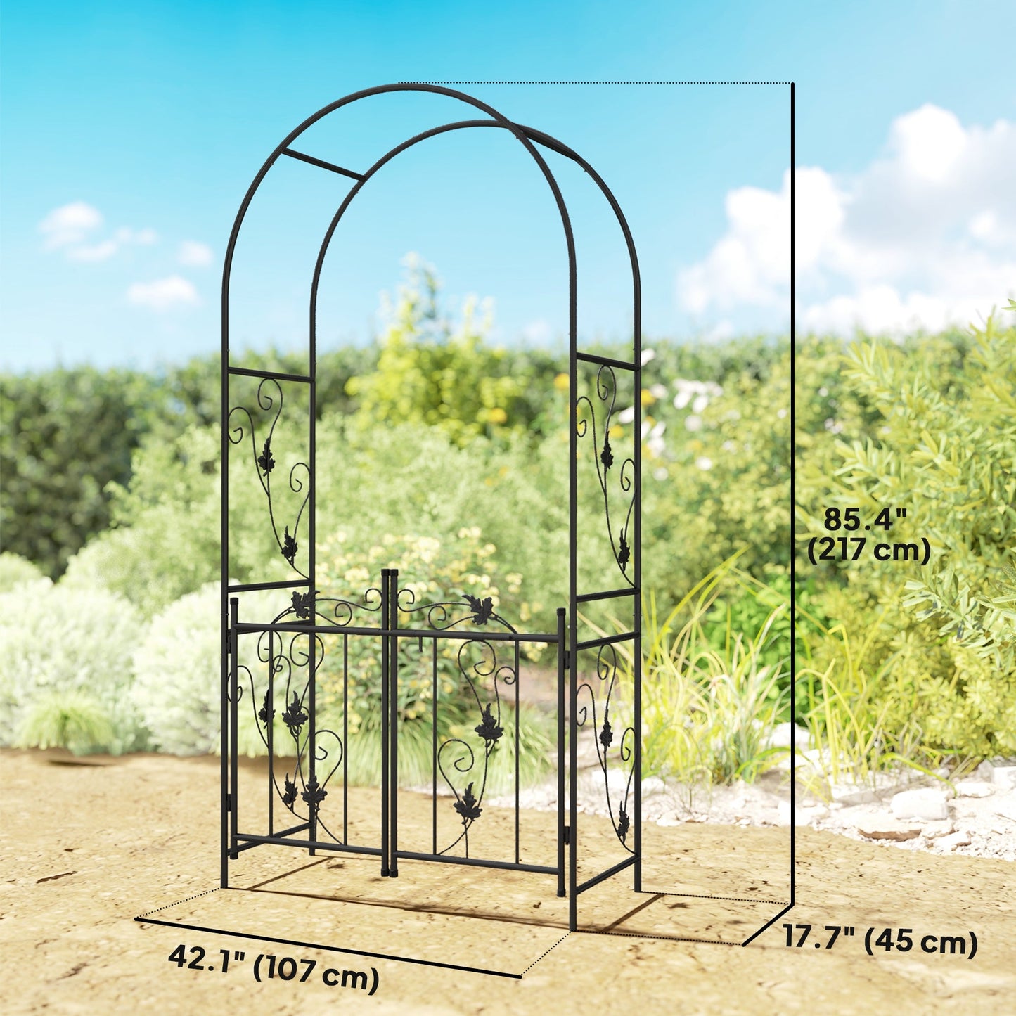 7ft Steel Garden Arch with Gate, Garden Arbor Trellis for Climbing Plants, Roses, Vines, Wedding Arch for Outdoor, Garden, Lawn, Backyard, Black