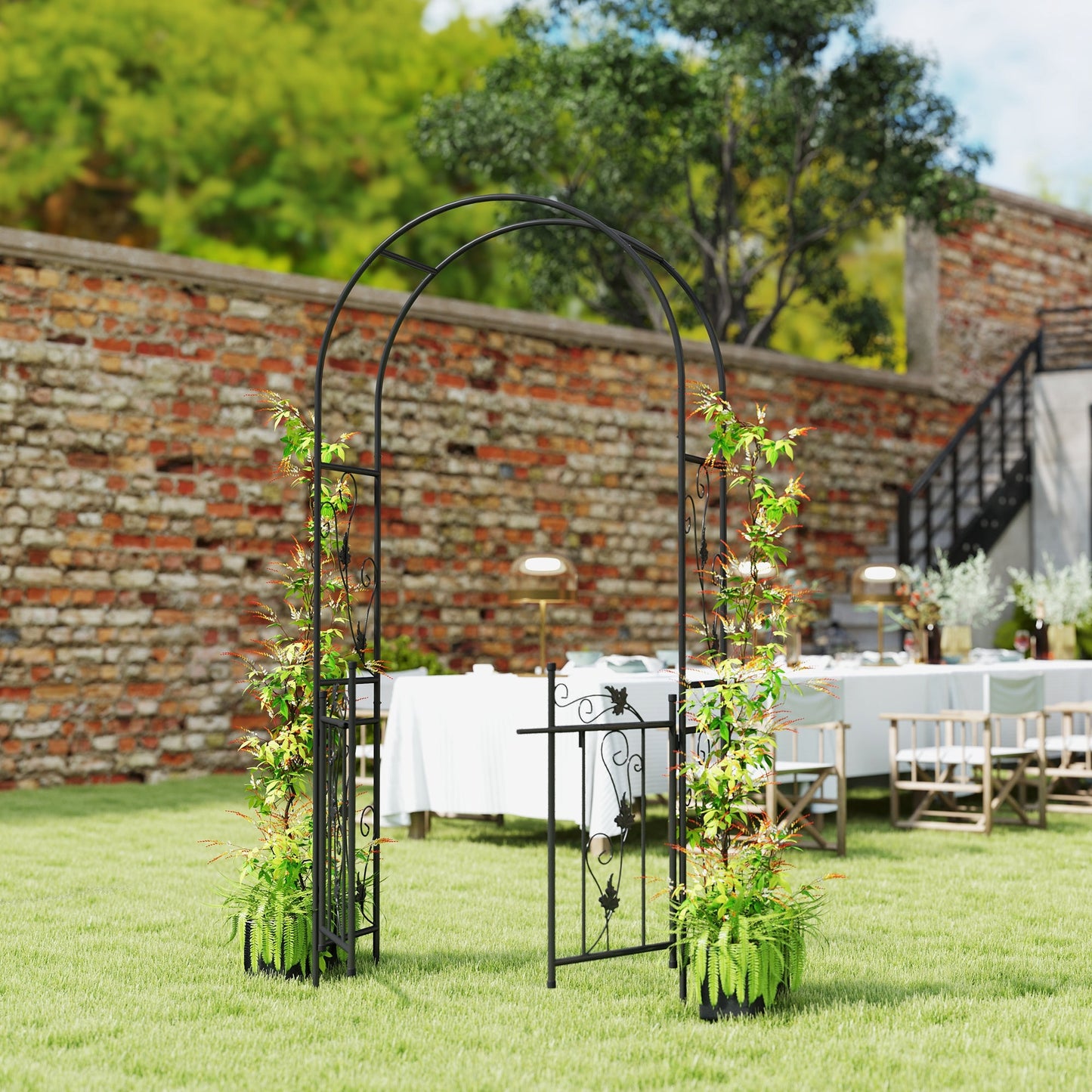 7ft Steel Garden Arch with Gate, Garden Arbor Trellis for Climbing Plants, Roses, Vines, Wedding Arch for Outdoor, Garden, Lawn, Backyard, Black