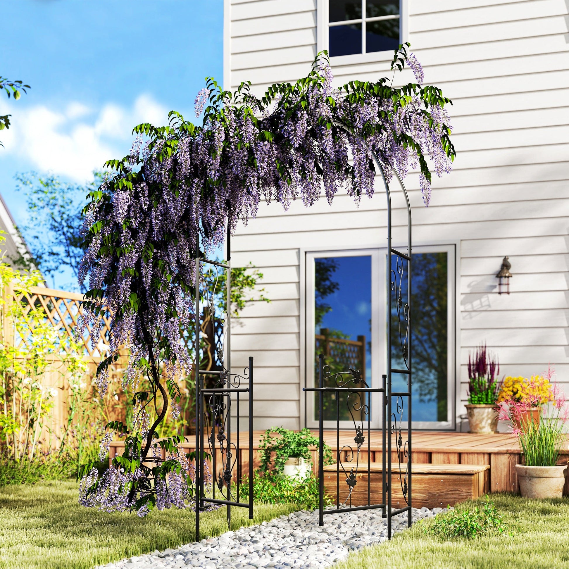 7ft Steel Garden Arch with Gate, Garden Arbor Trellis for Climbing Plants, Roses, Vines, Wedding Arch for Outdoor, Garden, Lawn, Backyard, Black