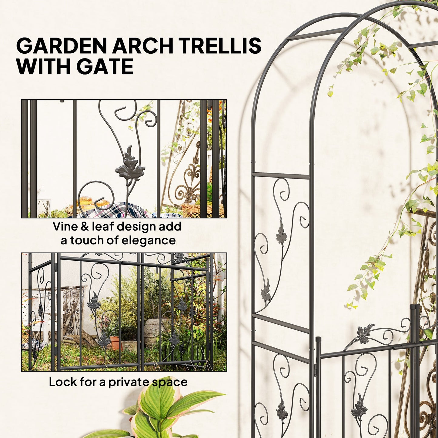 7ft Steel Garden Arch with Gate, Garden Arbor Trellis for Climbing Plants, Roses, Vines, Wedding Arch for Outdoor, Garden, Lawn, Backyard, Black