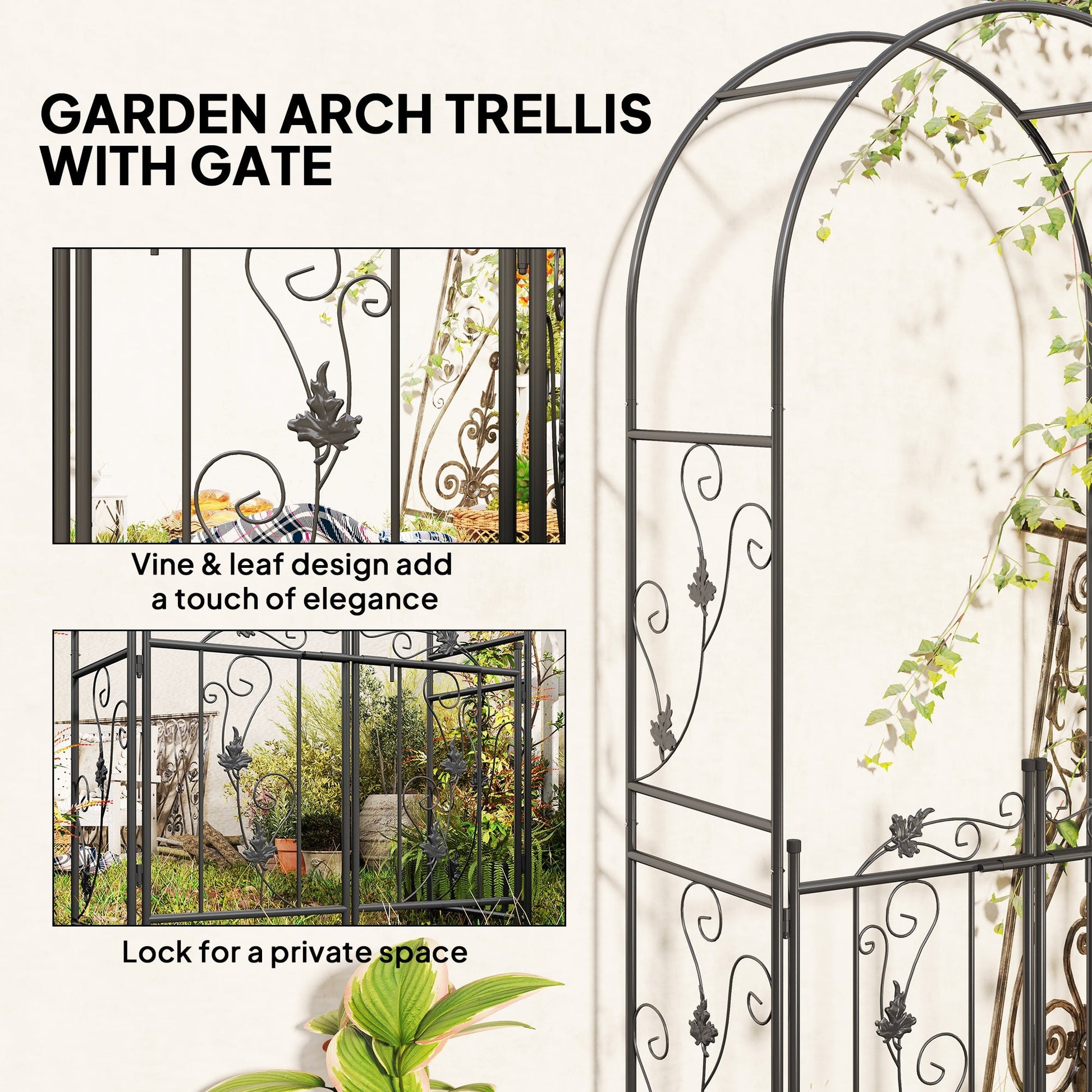 7ft Steel Garden Arch with Gate, Garden Arbor Trellis for Climbing Plants, Roses, Vines, Wedding Arch for Outdoor, Garden, Lawn, Backyard, Black