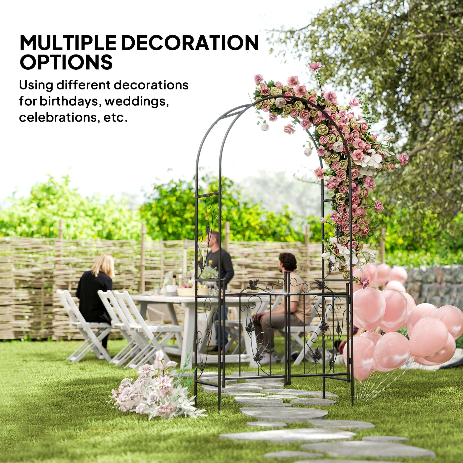 7ft Steel Garden Arch with Gate, Garden Arbor Trellis for Climbing Plants, Roses, Vines, Wedding Arch for Outdoor, Garden, Lawn, Backyard, Black