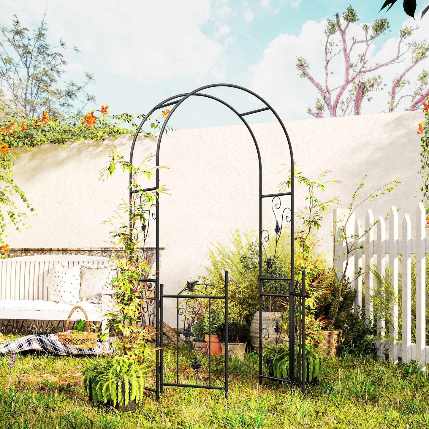 7ft Steel Garden Arch with Gate, Garden Arbor Trellis for Climbing Plants, Roses, Vines, Wedding Arch for Outdoor, Garden, Lawn, Backyard, Black