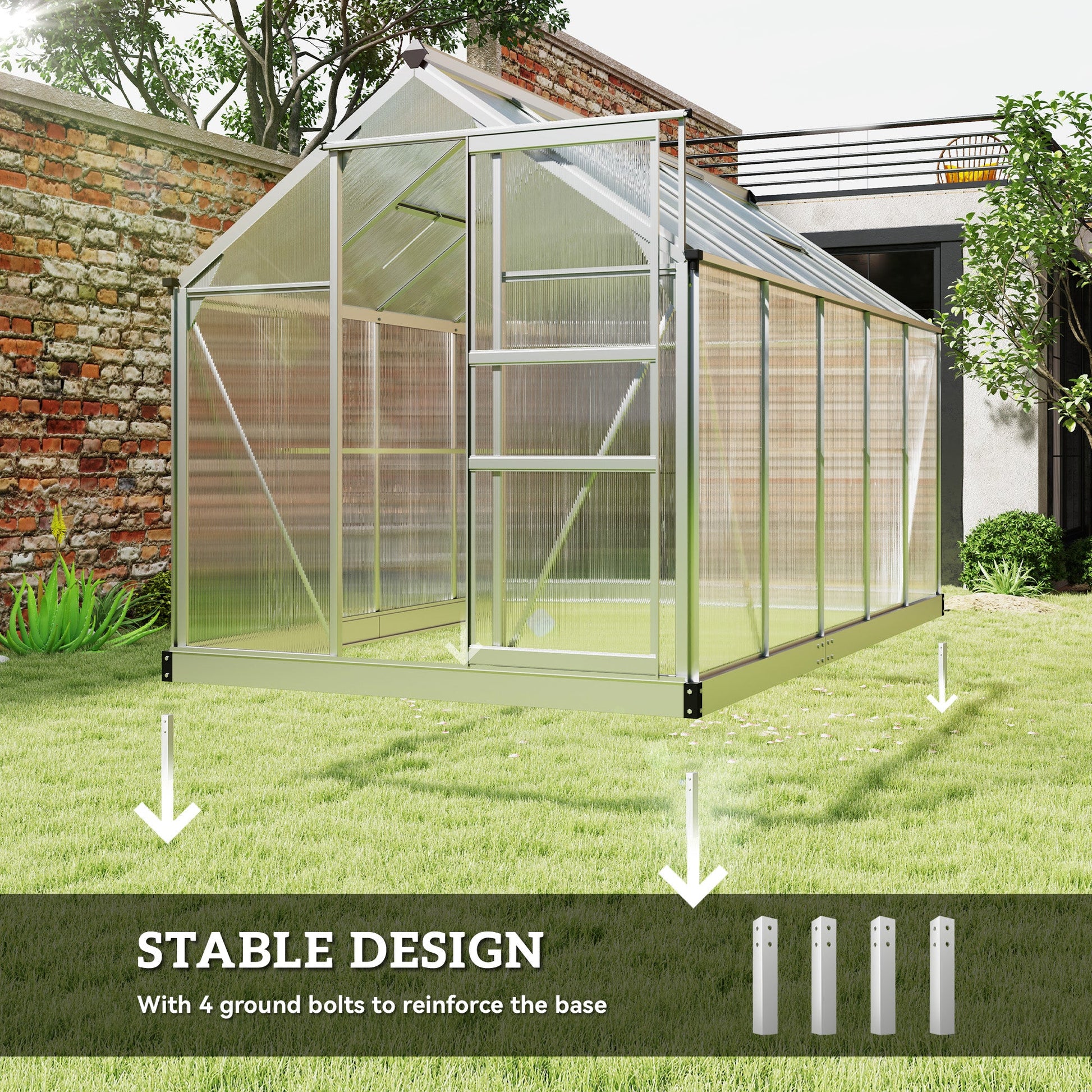 6' x 10' x 6.6' Polycarbonate Greenhouse, Walk-In Green House Kit Garden, Plants Grow, Galvanized Sheet Aluminum Frame with Rain Gutter, Vents and Sliding Door, Sliver