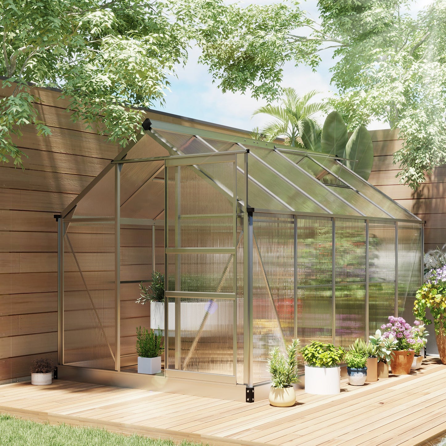 6' x 10' x 6.6' Polycarbonate Greenhouse, Walk-In Green House Kit Garden, Plants Grow, Galvanized Sheet Aluminum Frame with Rain Gutter, Vents and Sliding Door, Sliver