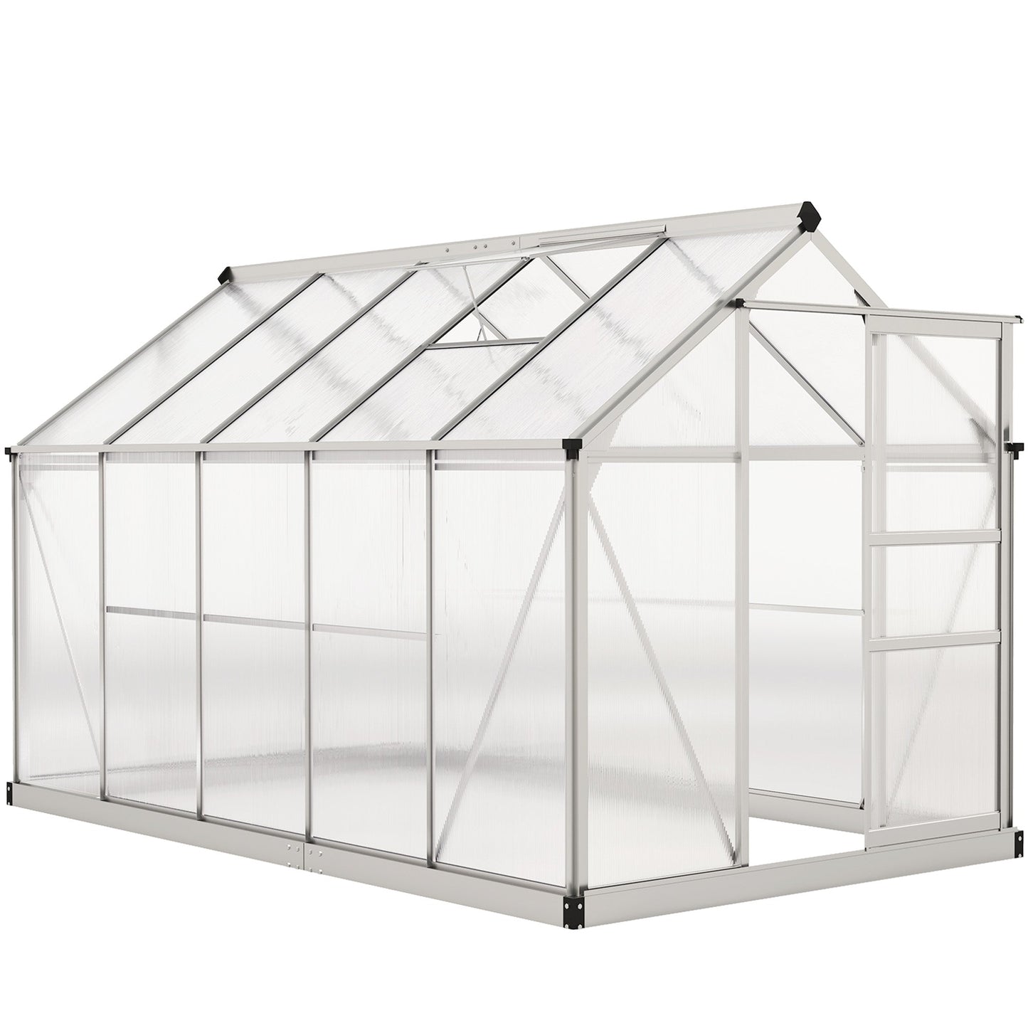 6' x 10' x 6.6' Polycarbonate Greenhouse, Walk-In Green House Kit Garden, Plants Grow, Galvanized Sheet Aluminum Frame with Rain Gutter, Vents and Sliding Door, Sliver