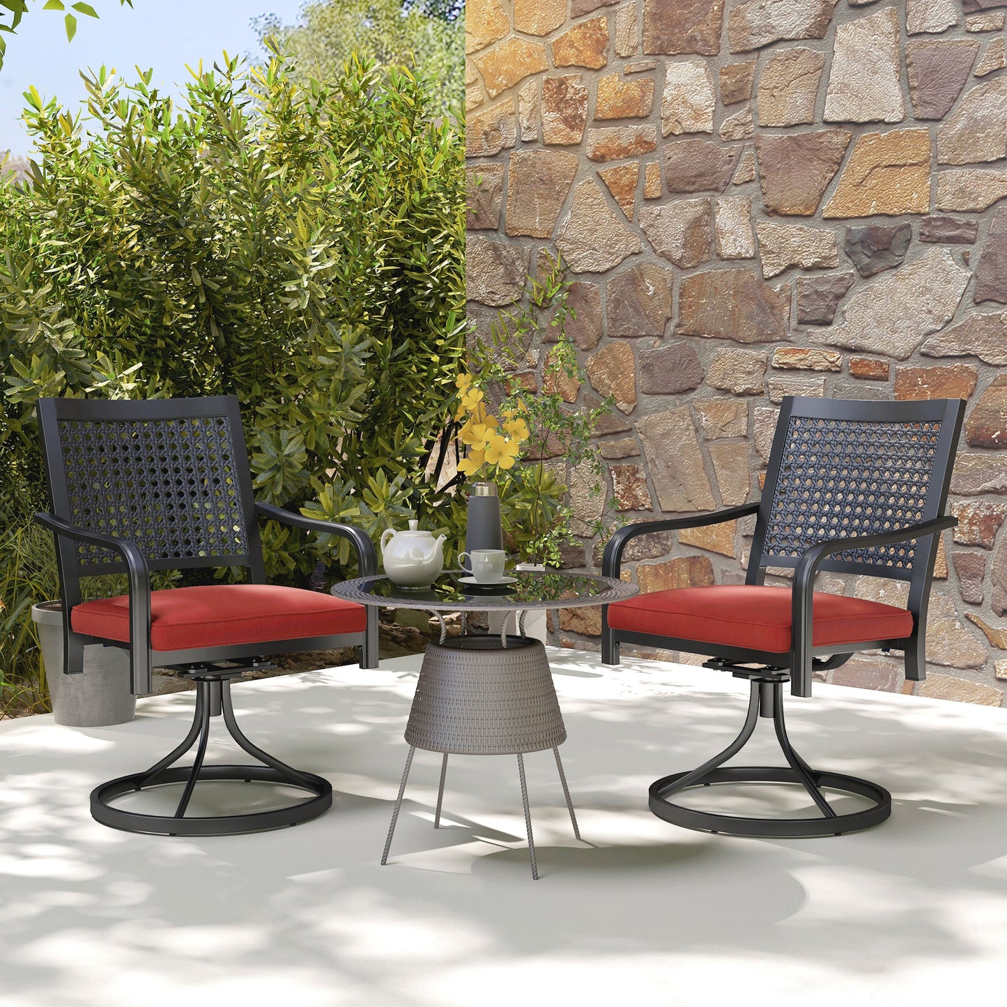 2 Pieces Patio Swivel Chairs with Cushion, Outdoor Swivel Rocker with Curved Armrests, Backrest for Garden, Balcony, Porch, Red