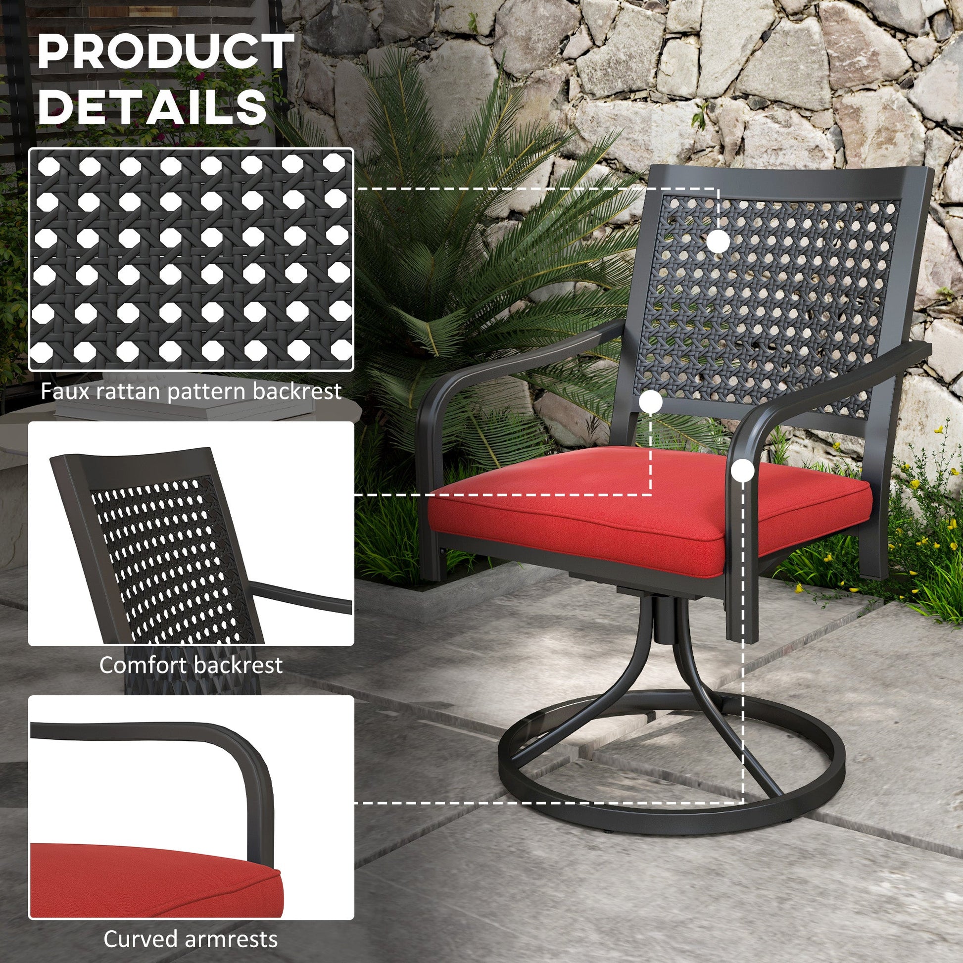 2 Pieces Patio Swivel Chairs with Cushion, Outdoor Swivel Rocker with Curved Armrests, Backrest for Garden, Balcony, Porch, Red