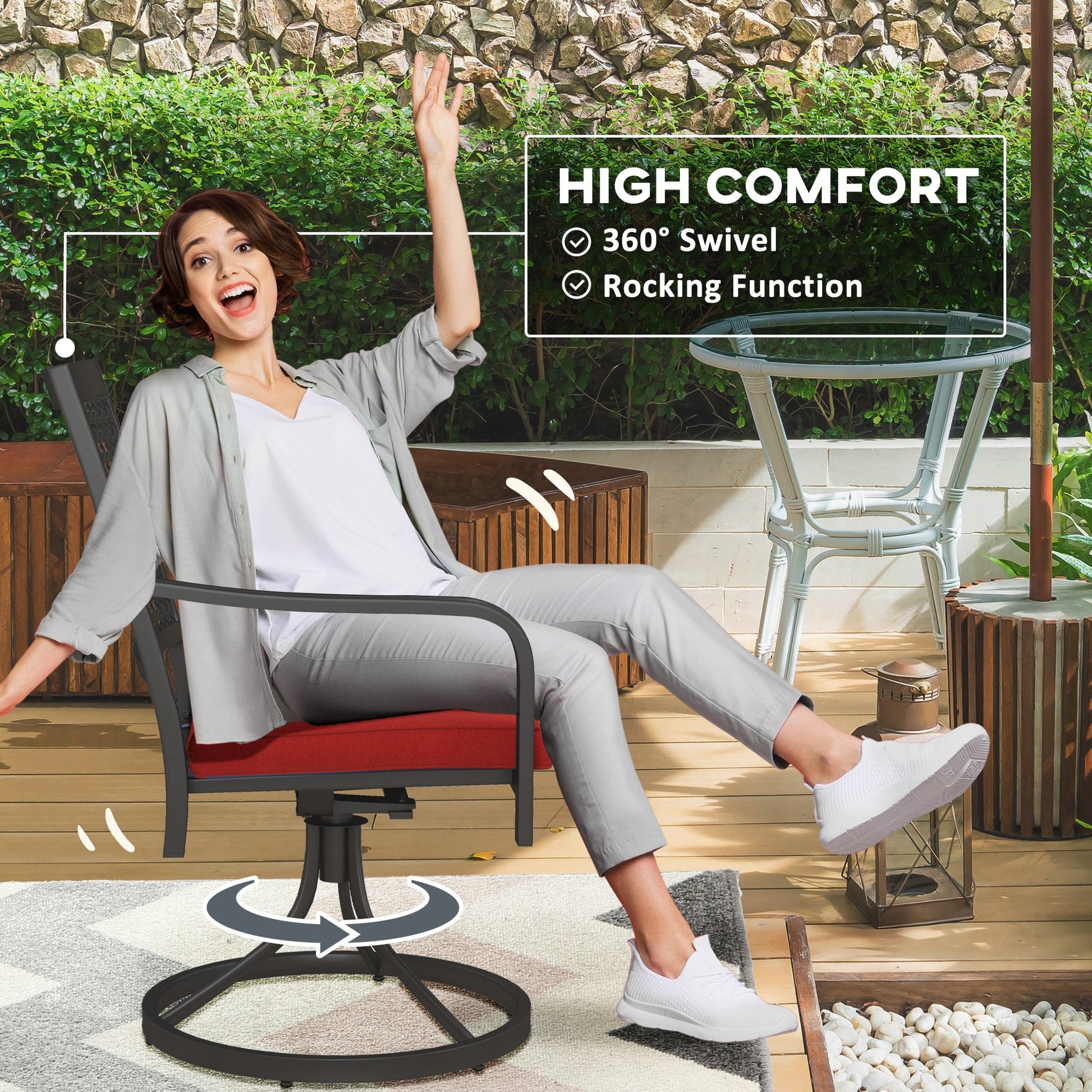 2 Pieces Patio Swivel Chairs with Cushion, Outdoor Swivel Rocker with Curved Armrests, Backrest for Garden, Balcony, Porch, Red