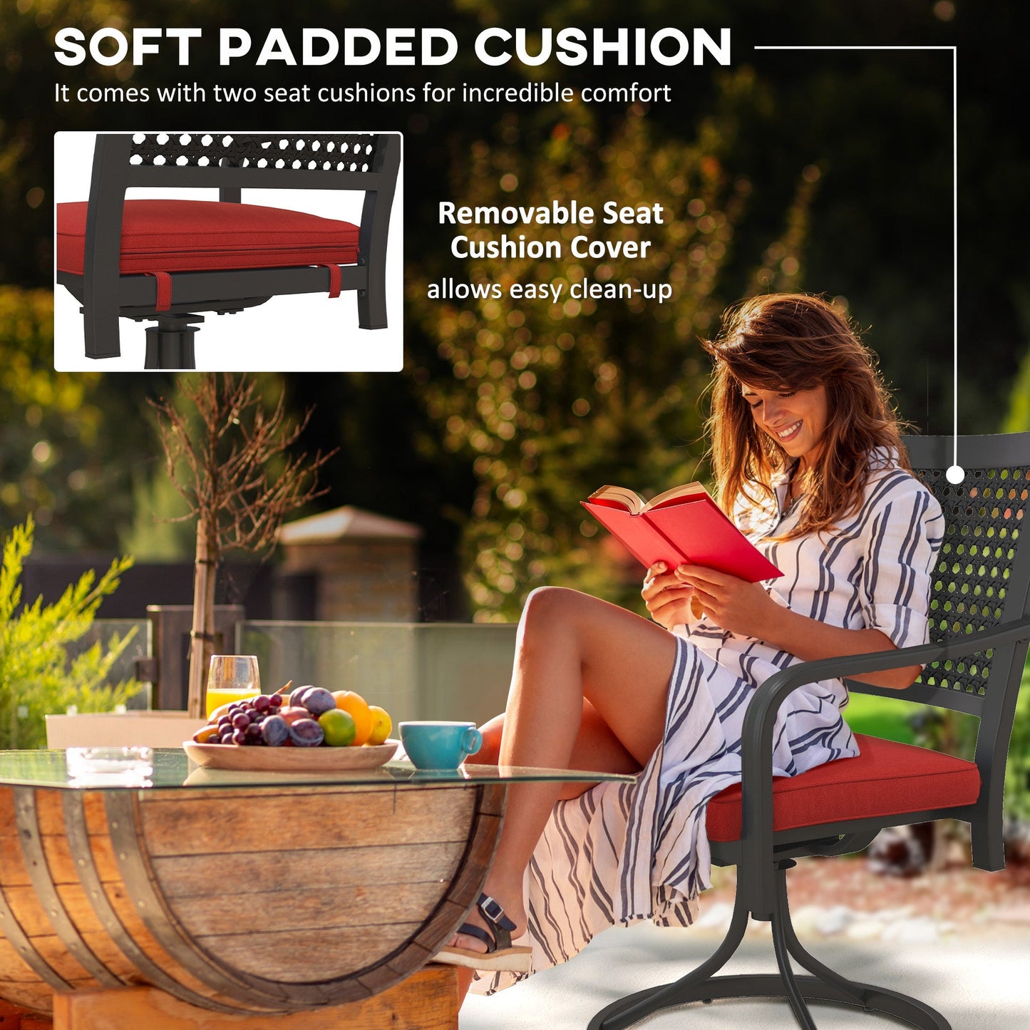 2 Pieces Patio Swivel Chairs with Cushion, Outdoor Swivel Rocker with Curved Armrests, Backrest for Garden, Balcony, Porch, Red