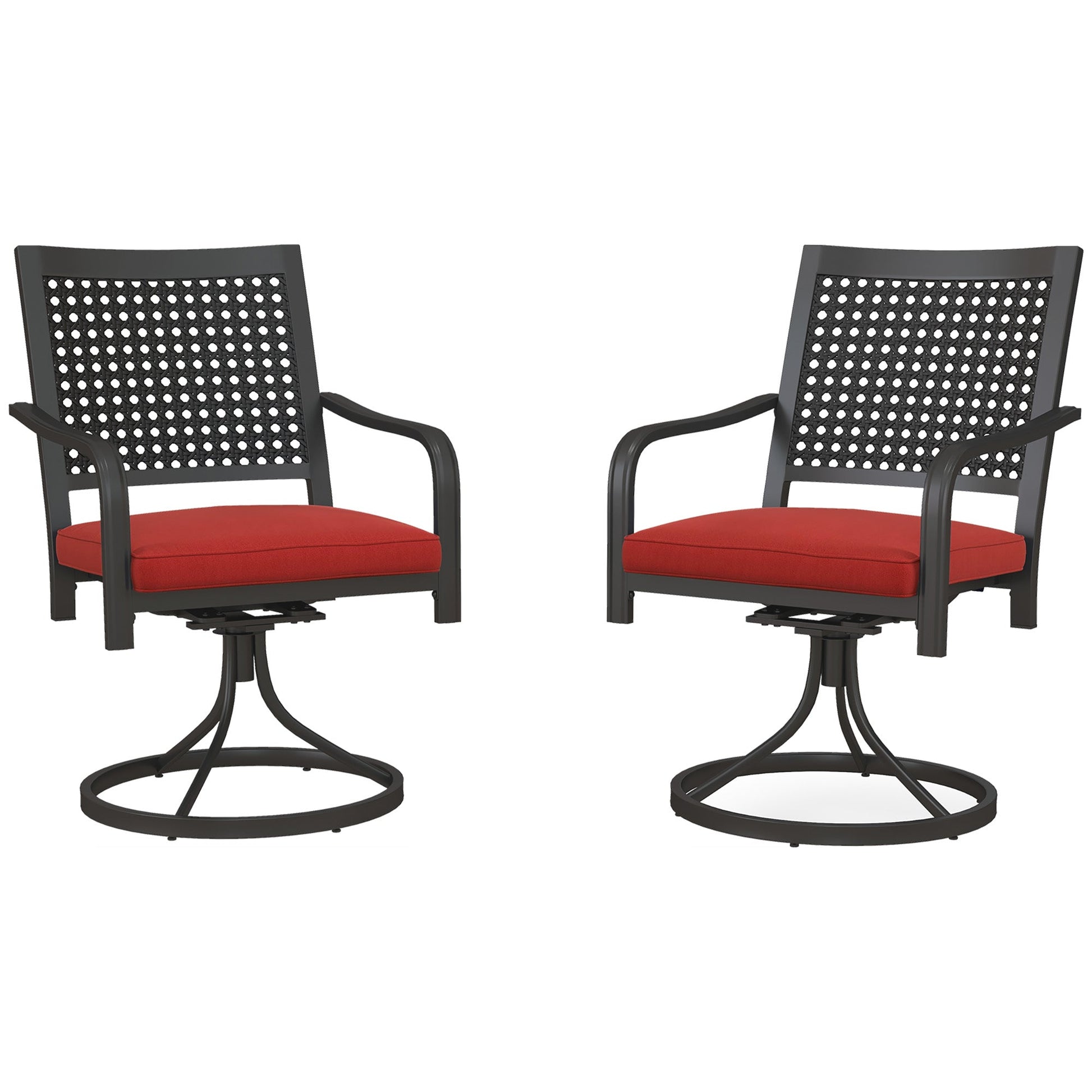 2 Pieces Patio Swivel Chairs with Cushion, Outdoor Swivel Rocker with Curved Armrests, Backrest for Garden, Balcony, Porch, Red