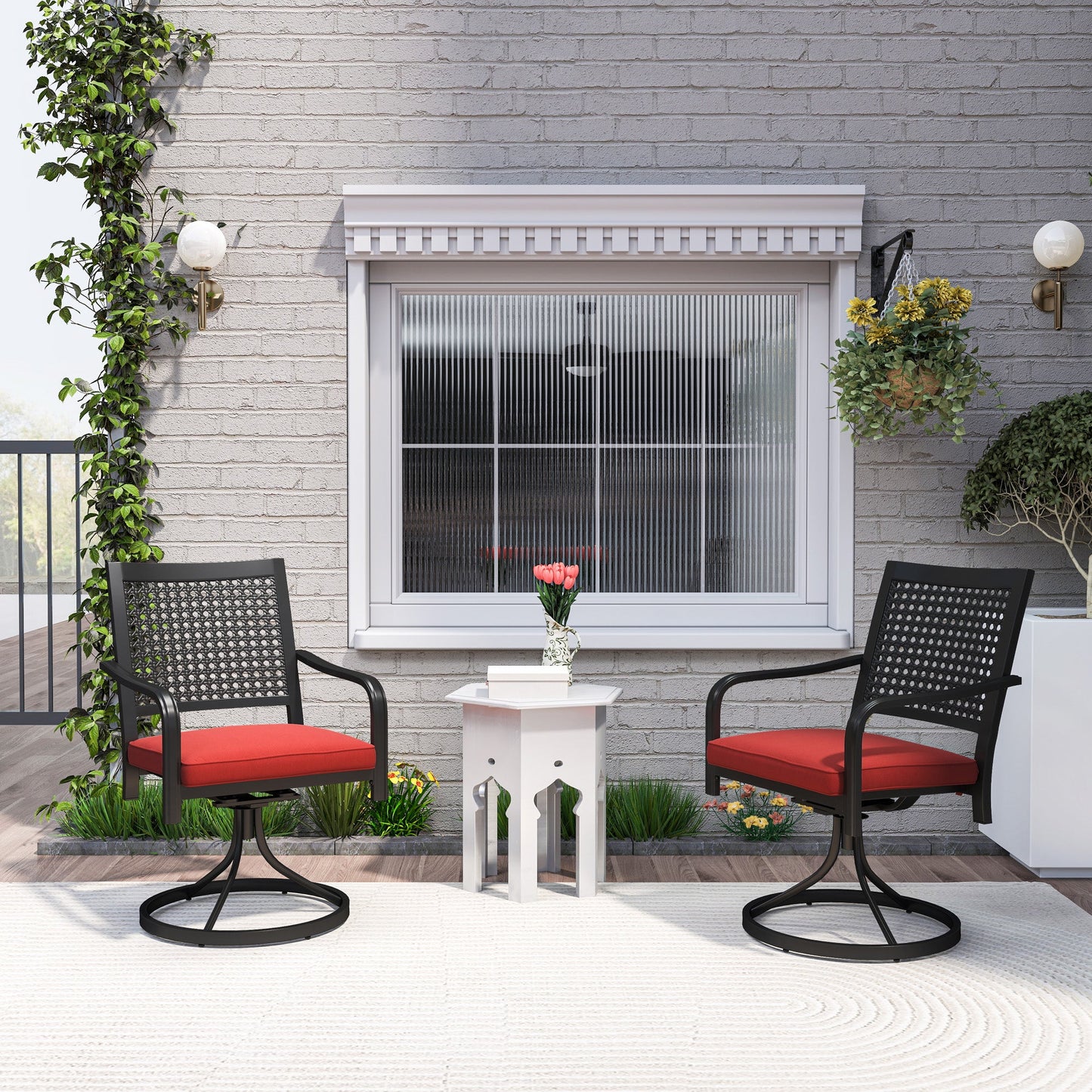 2 Pieces Patio Swivel Chairs with Cushion, Outdoor Swivel Rocker with Curved Armrests, Backrest for Garden, Balcony, Porch, Red