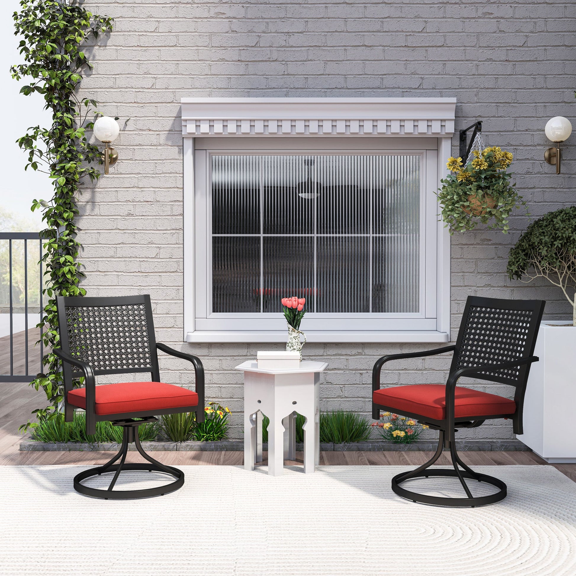 2 Pieces Patio Swivel Chairs with Cushion, Outdoor Swivel Rocker with Curved Armrests, Backrest for Garden, Balcony, Porch, Red