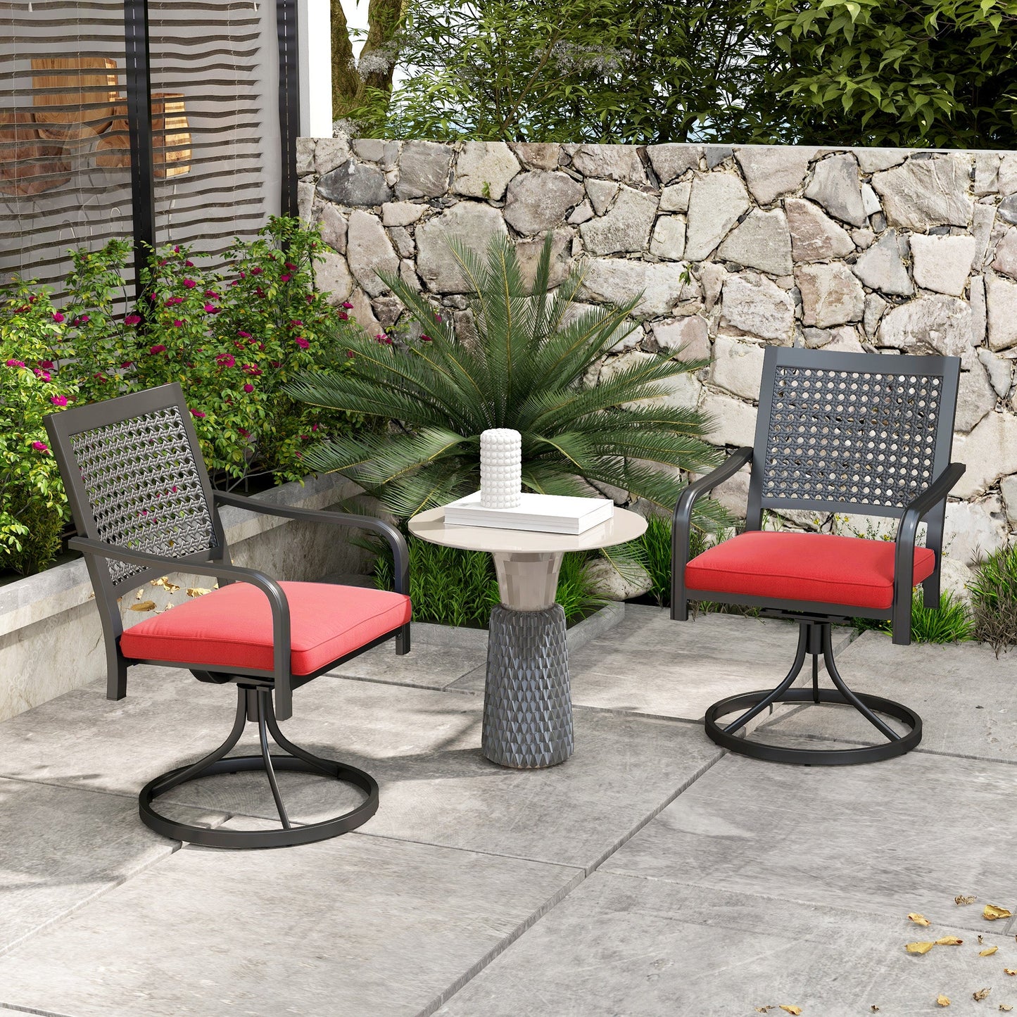 2 Pieces Patio Swivel Chairs with Cushion, Outdoor Swivel Rocker with Curved Armrests, Backrest for Garden, Balcony, Porch, Red