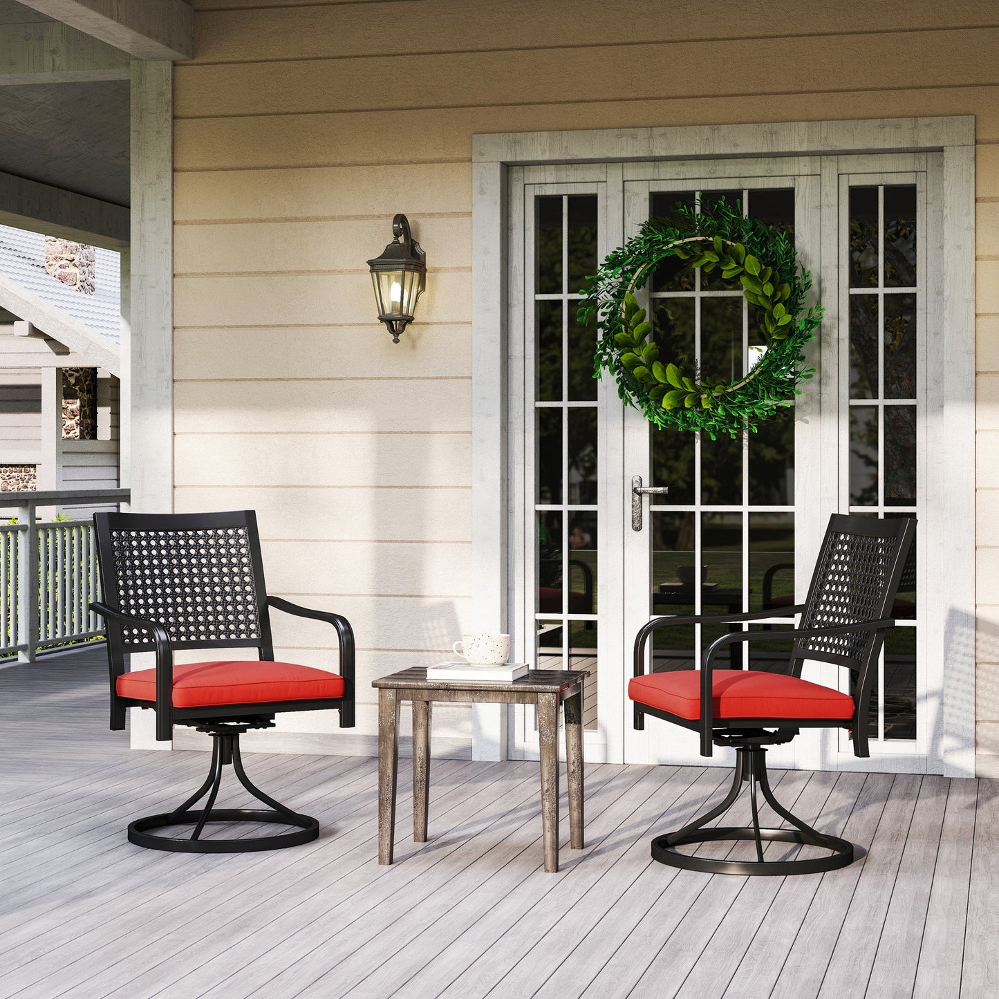 2 Pieces Patio Swivel Chairs with Cushion, Outdoor Swivel Rocker with Curved Armrests, Backrest for Garden, Balcony, Porch, Red