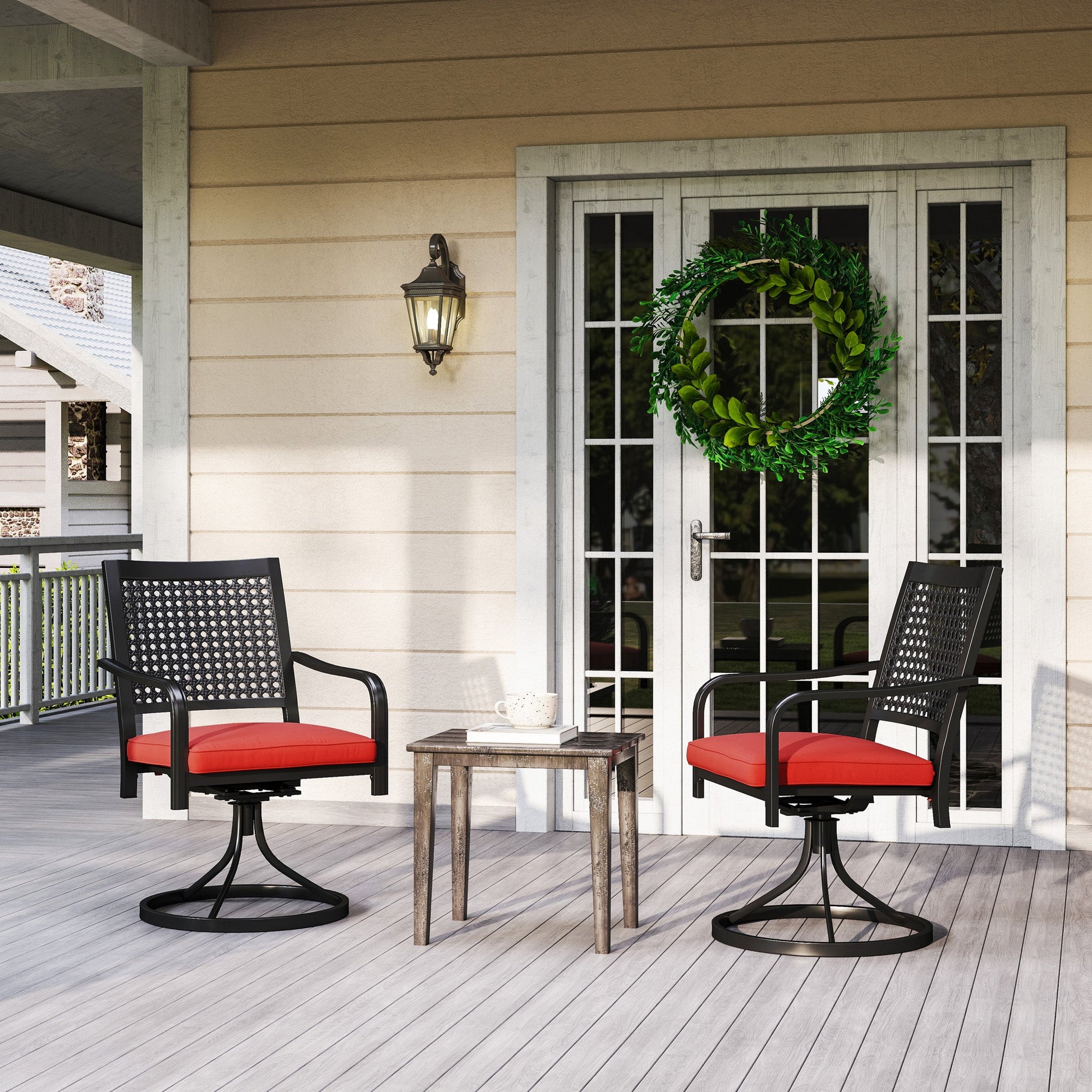 2 Pieces Patio Swivel Chairs with Cushion, Outdoor Swivel Rocker with Curved Armrests, Backrest for Garden, Balcony, Porch, Red