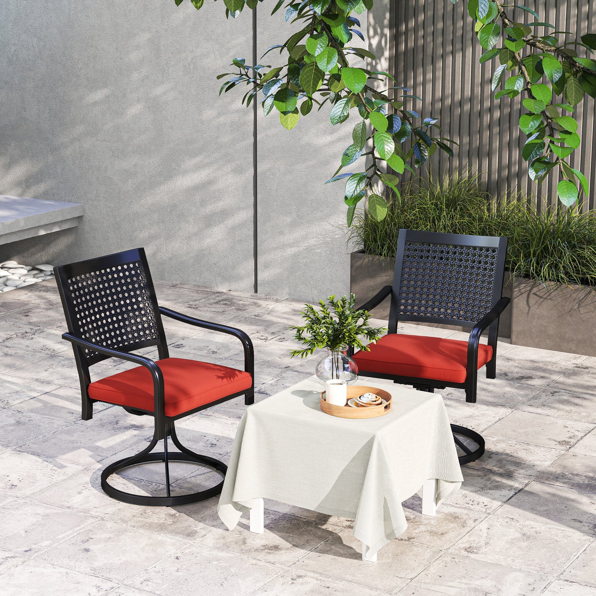 2 Pieces Patio Swivel Chairs with Cushion, Outdoor Swivel Rocker with Curved Armrests, Backrest for Garden, Balcony, Porch, Red