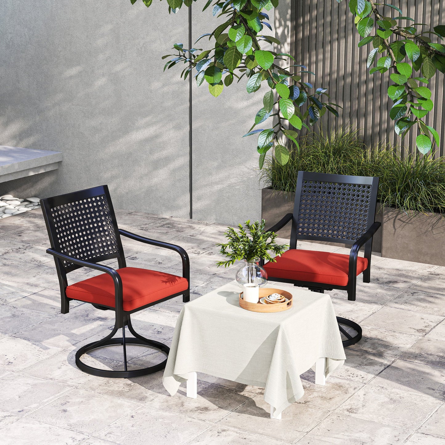2 Pieces Patio Swivel Chairs with Cushion, Outdoor Swivel Rocker with Curved Armrests, Backrest for Garden, Balcony, Porch, Red