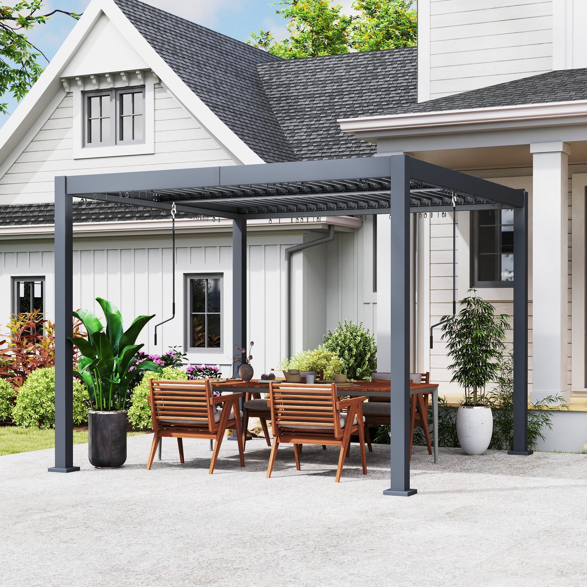 10' x 10' Louvered Pergola with Adjustable Metal Roof and Aluminum Frame, Outdoor Pergola Hardtop Gazebo with Drainage System, Water and UV Proof for Deck Backyard Patio