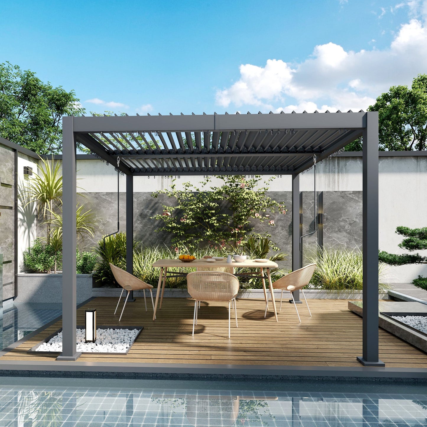 10' x 10' Louvered Pergola with Adjustable Metal Roof and Aluminum Frame, Outdoor Pergola Hardtop Gazebo with Drainage System, Water and UV Proof for Deck Backyard Patio