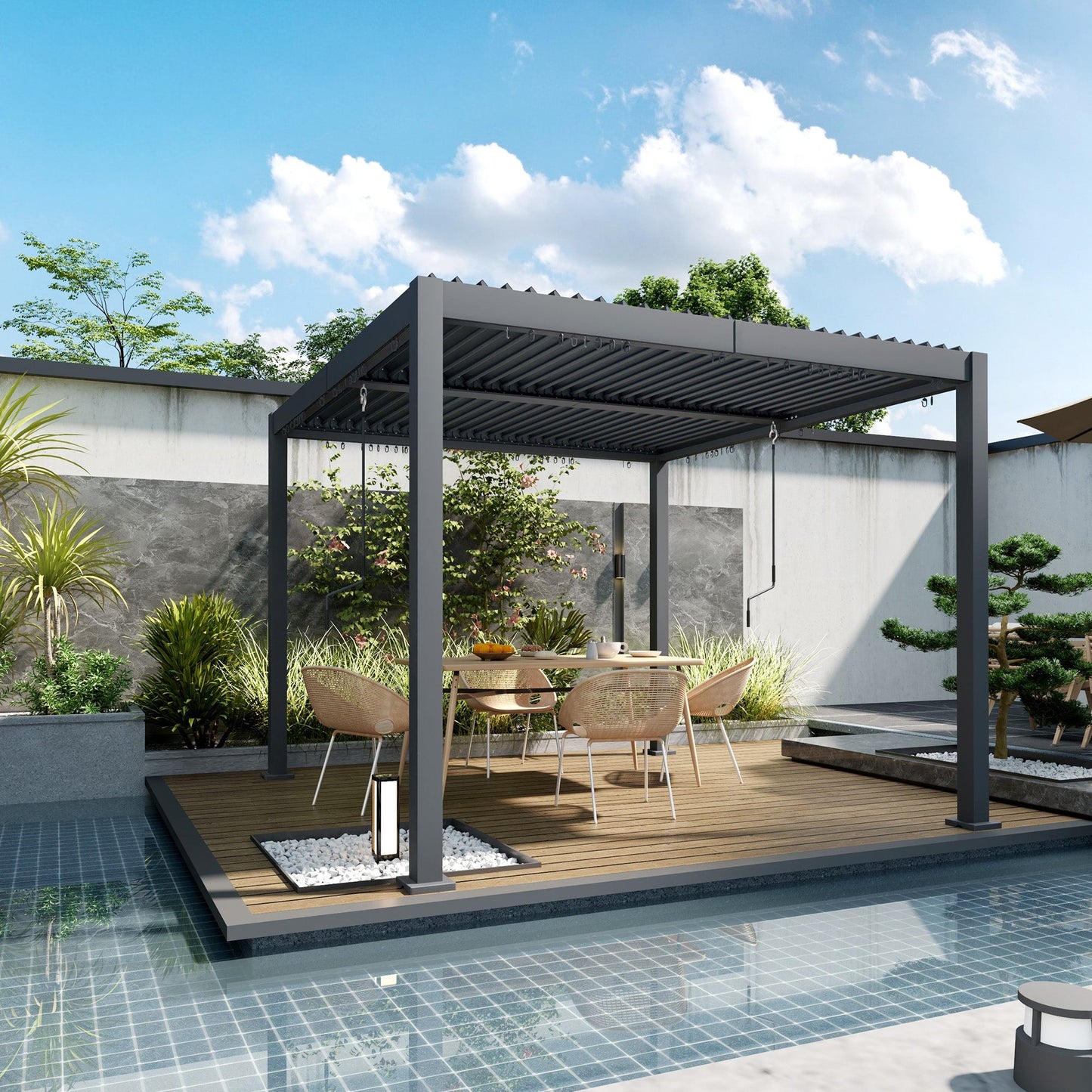 10' x 10' Louvered Pergola with Adjustable Metal Roof and Aluminum Frame, Outdoor Pergola Hardtop Gazebo with Drainage System, Water and UV Proof for Deck Backyard Patio
