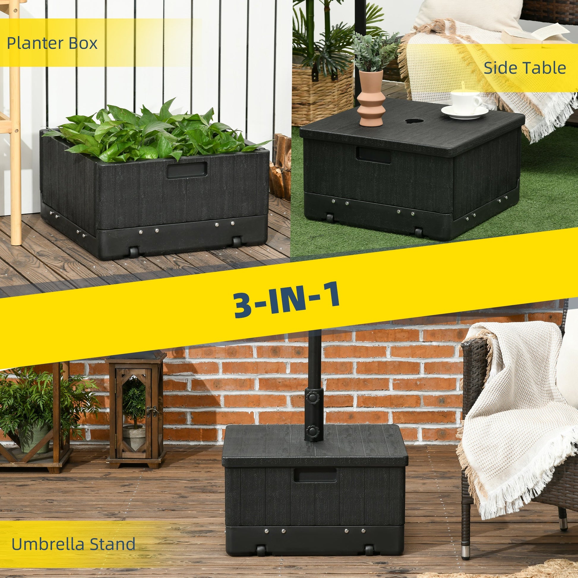 175lbs Heavy Duty Patio Umbrella Base with Wheels, 3-in-1 Market Umbrella Stand, Outdoor Side Table, Planter Box for Garden, Backyard, Black
