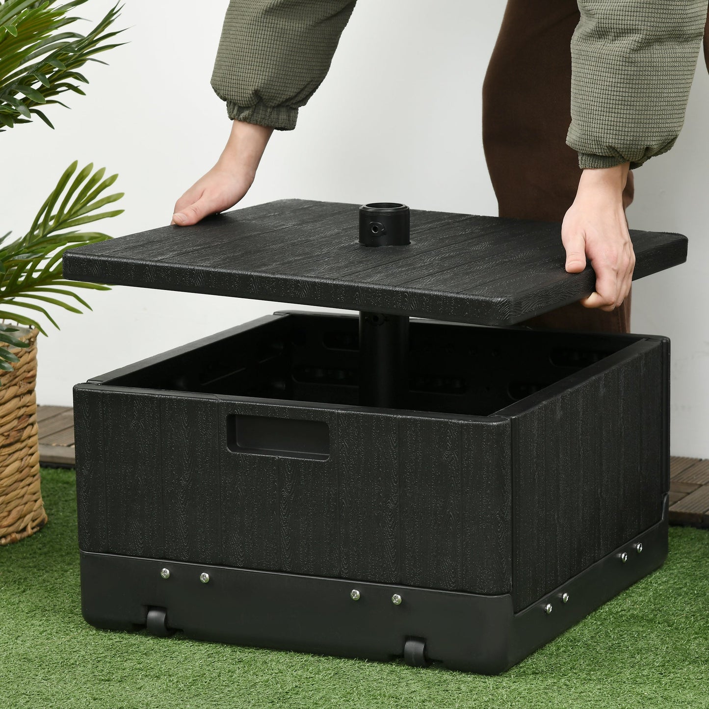 175lbs Heavy Duty Patio Umbrella Base with Wheels, 3-in-1 Market Umbrella Stand, Outdoor Side Table, Planter Box for Garden, Backyard, Black