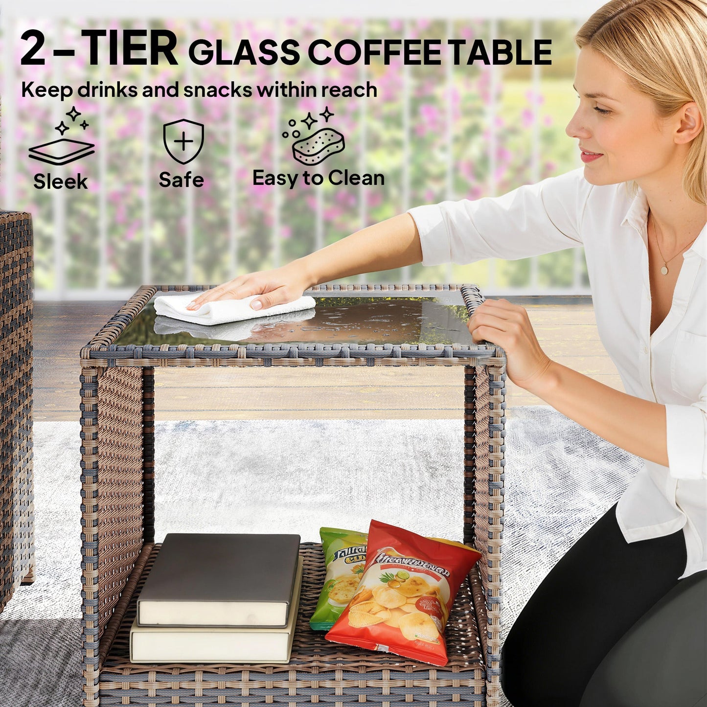 5 Piece Patio Furniture Set, Wicker Patio Chairs with Ottomans, 2-Tier Glass Coffee Table, Cushions, Outdoor Patio Furniture Conversation Set for Balcony, Brown/Cream