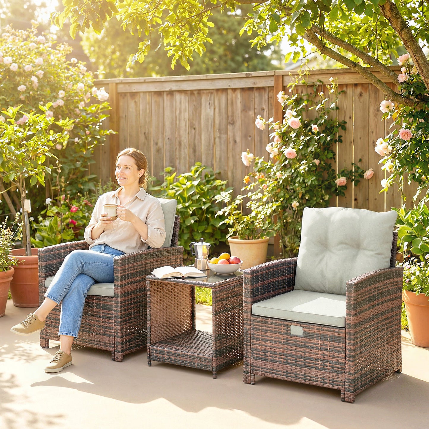 5 Piece Patio Furniture Set, Wicker Patio Chairs with Ottomans, 2-Tier Glass Coffee Table, Cushions, Outdoor Patio Furniture Conversation Set for Balcony, Brown/Cream