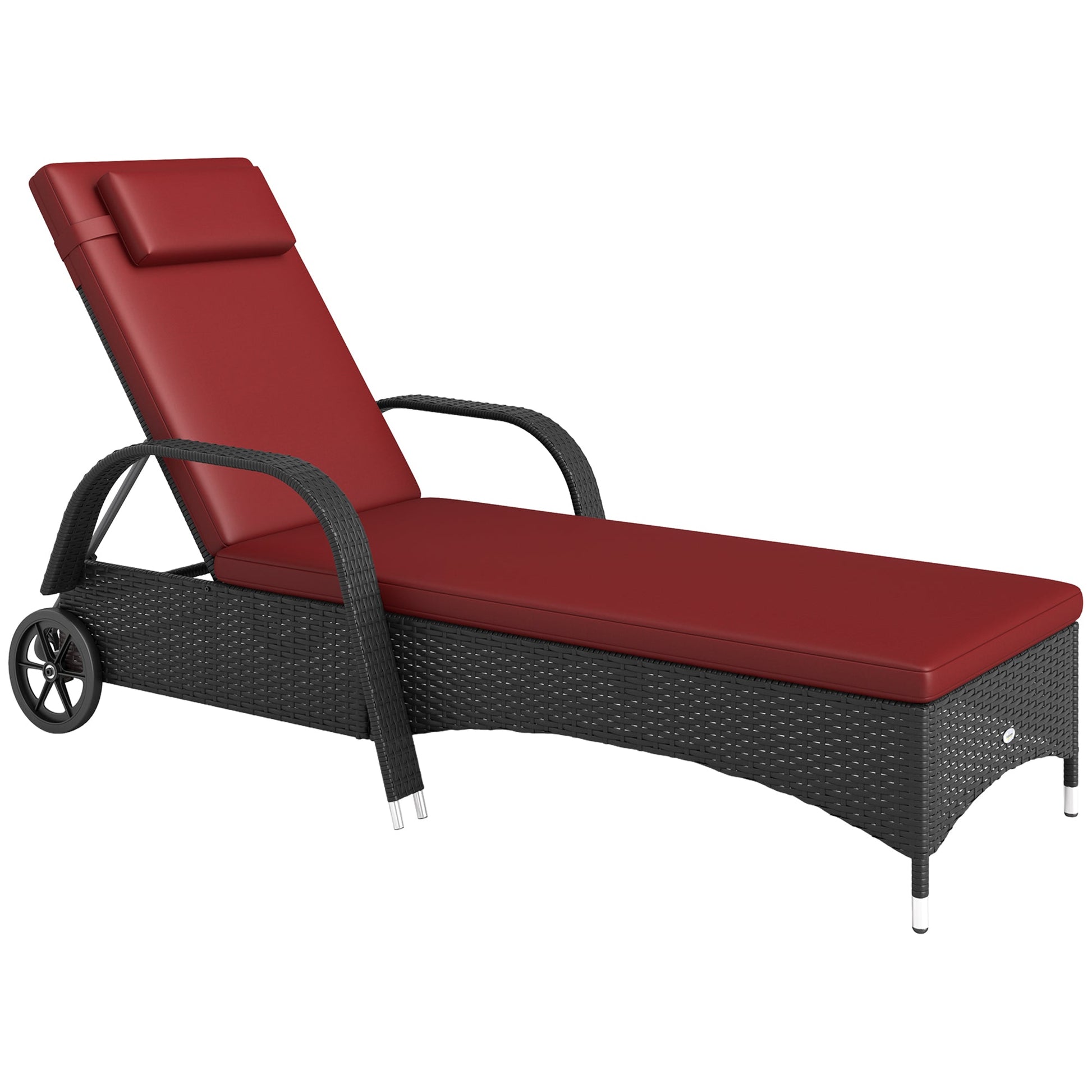 Wicker Chaise Lounge, Outdoor Lounge Chair, PE Rattan Patio Sun lounger with Head-rest, 5-Level Height Adjust Backrest, Cushion & Wheels, Deep Coffee and Wine Red