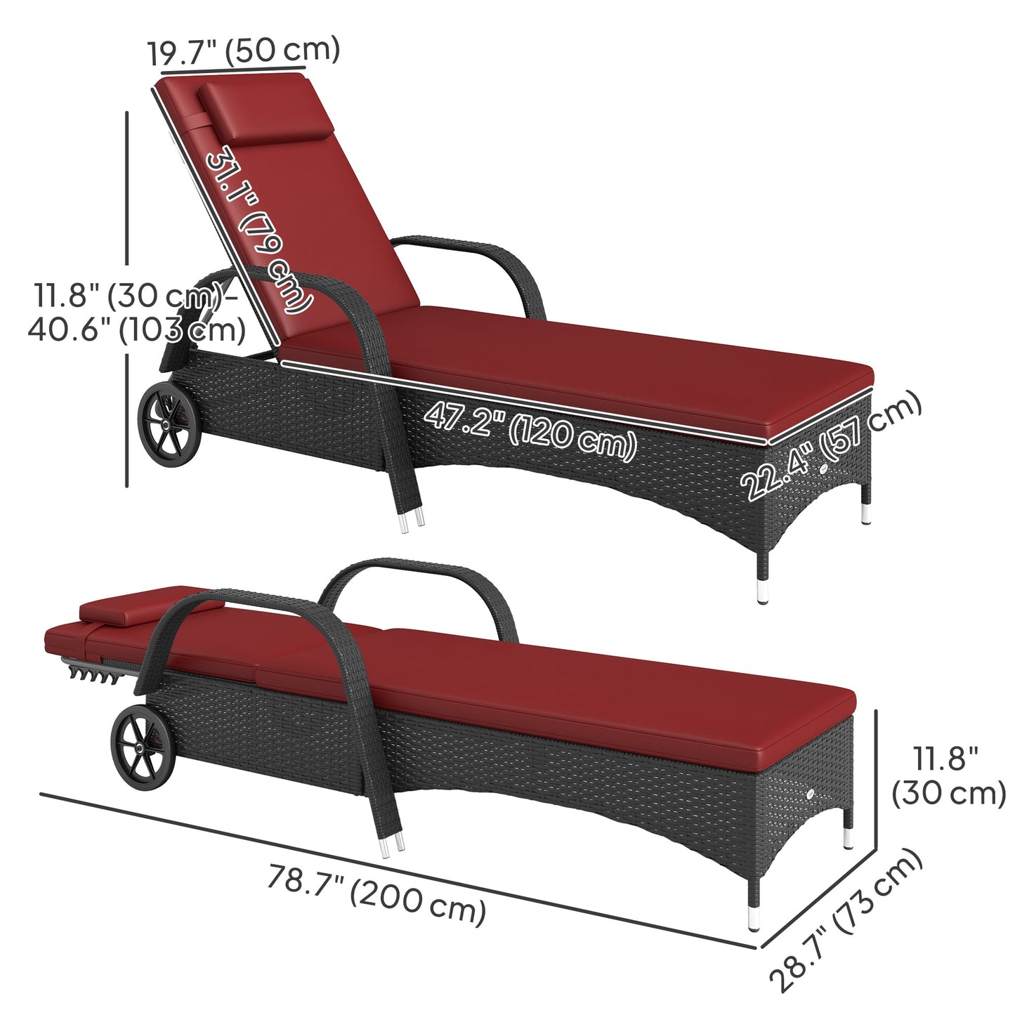 Wicker Chaise Lounge, Outdoor Lounge Chair, PE Rattan Patio Sun lounger with Head-rest, 5-Level Height Adjust Backrest, Cushion & Wheels, Deep Coffee and Wine Red