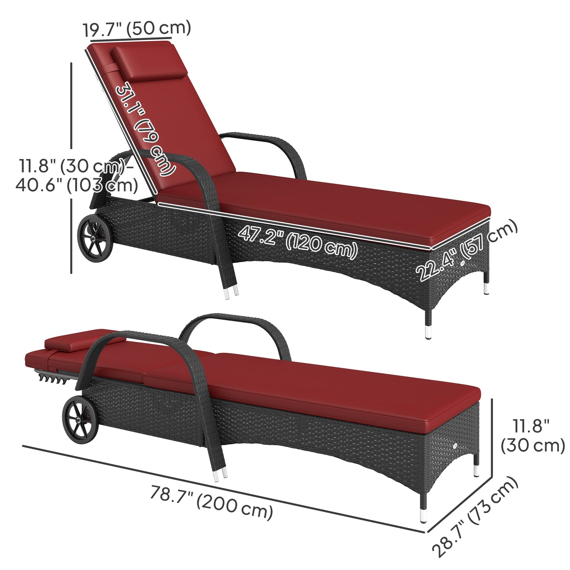Wicker Chaise Lounge, Outdoor Lounge Chair, PE Rattan Patio Sun lounger with Head-rest, 5-Level Height Adjust Backrest, Cushion & Wheels, Deep Coffee and Wine Red