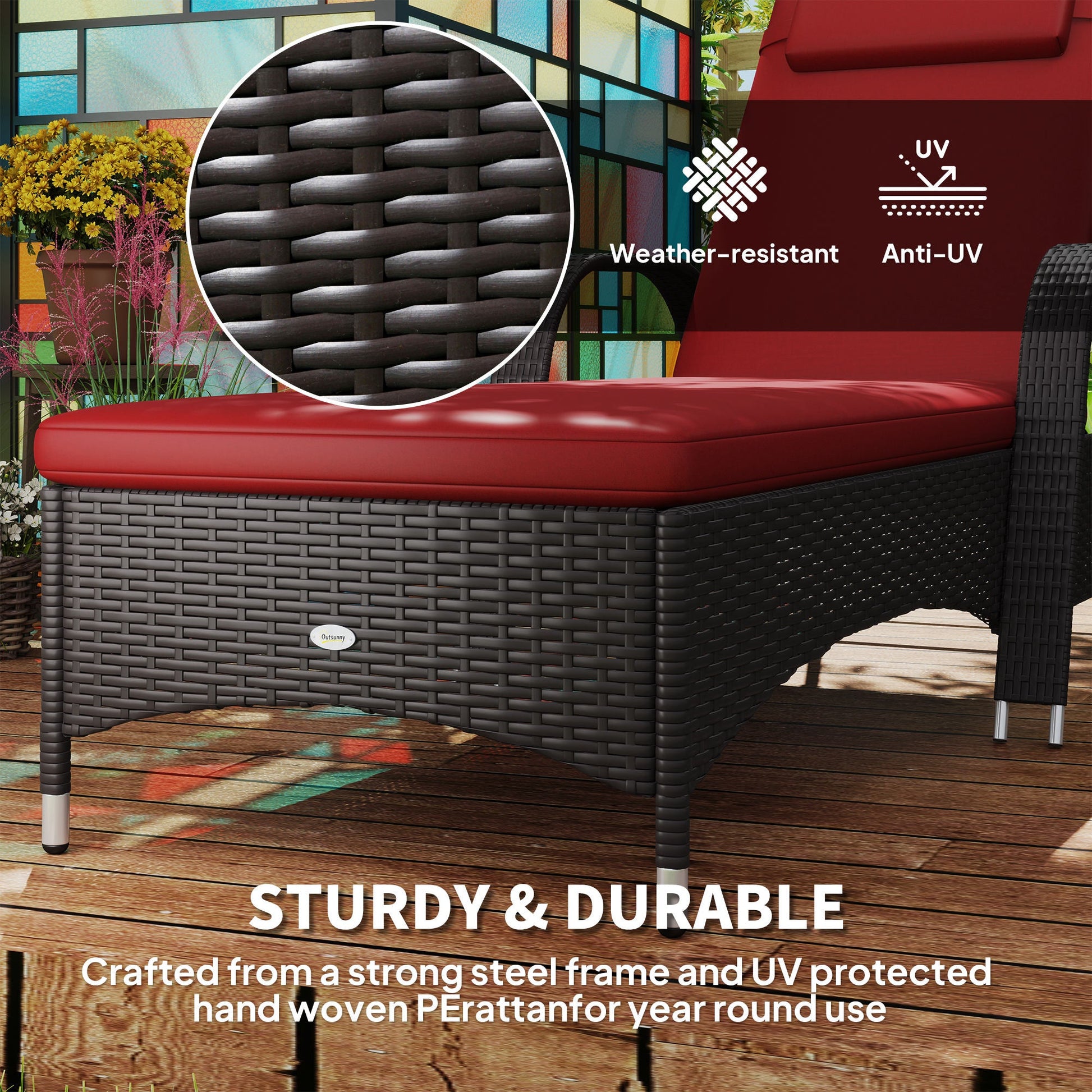 Wicker Chaise Lounge, Outdoor Lounge Chair, PE Rattan Patio Sun lounger with Head-rest, 5-Level Height Adjust Backrest, Cushion & Wheels, Deep Coffee and Wine Red