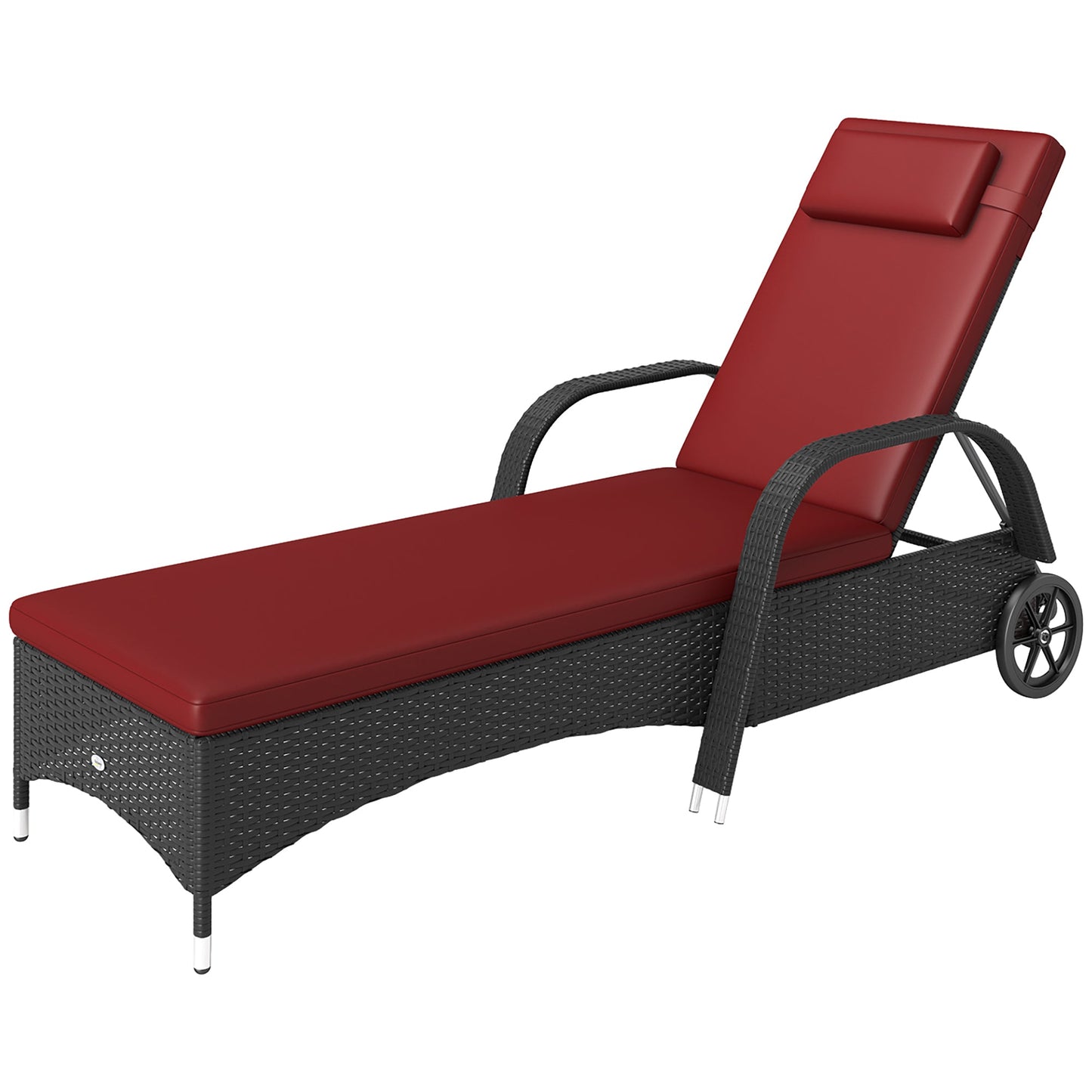 Wicker Chaise Lounge, Outdoor Lounge Chair, PE Rattan Patio Sun lounger with Head-rest, 5-Level Height Adjust Backrest, Cushion & Wheels, Deep Coffee and Wine Red