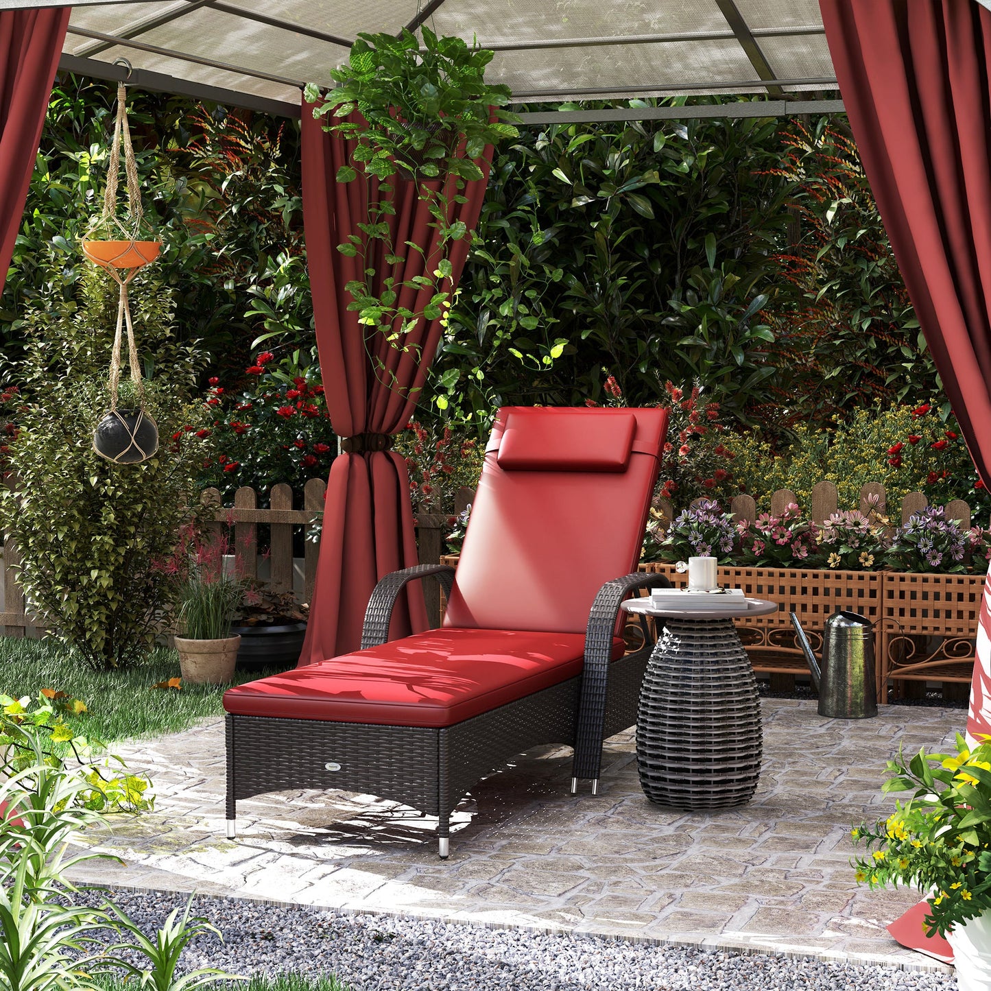 Wicker Chaise Lounge, Outdoor Lounge Chair, PE Rattan Patio Sun lounger with Head-rest, 5-Level Height Adjust Backrest, Cushion & Wheels, Deep Coffee and Wine Red