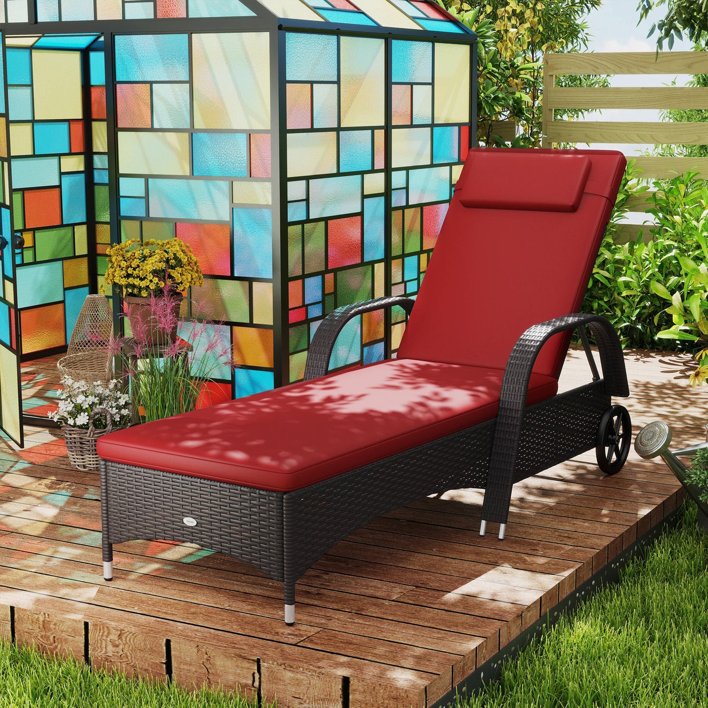 Wicker Chaise Lounge, Outdoor Lounge Chair, PE Rattan Patio Sun lounger with Head-rest, 5-Level Height Adjust Backrest, Cushion & Wheels, Deep Coffee and Wine Red