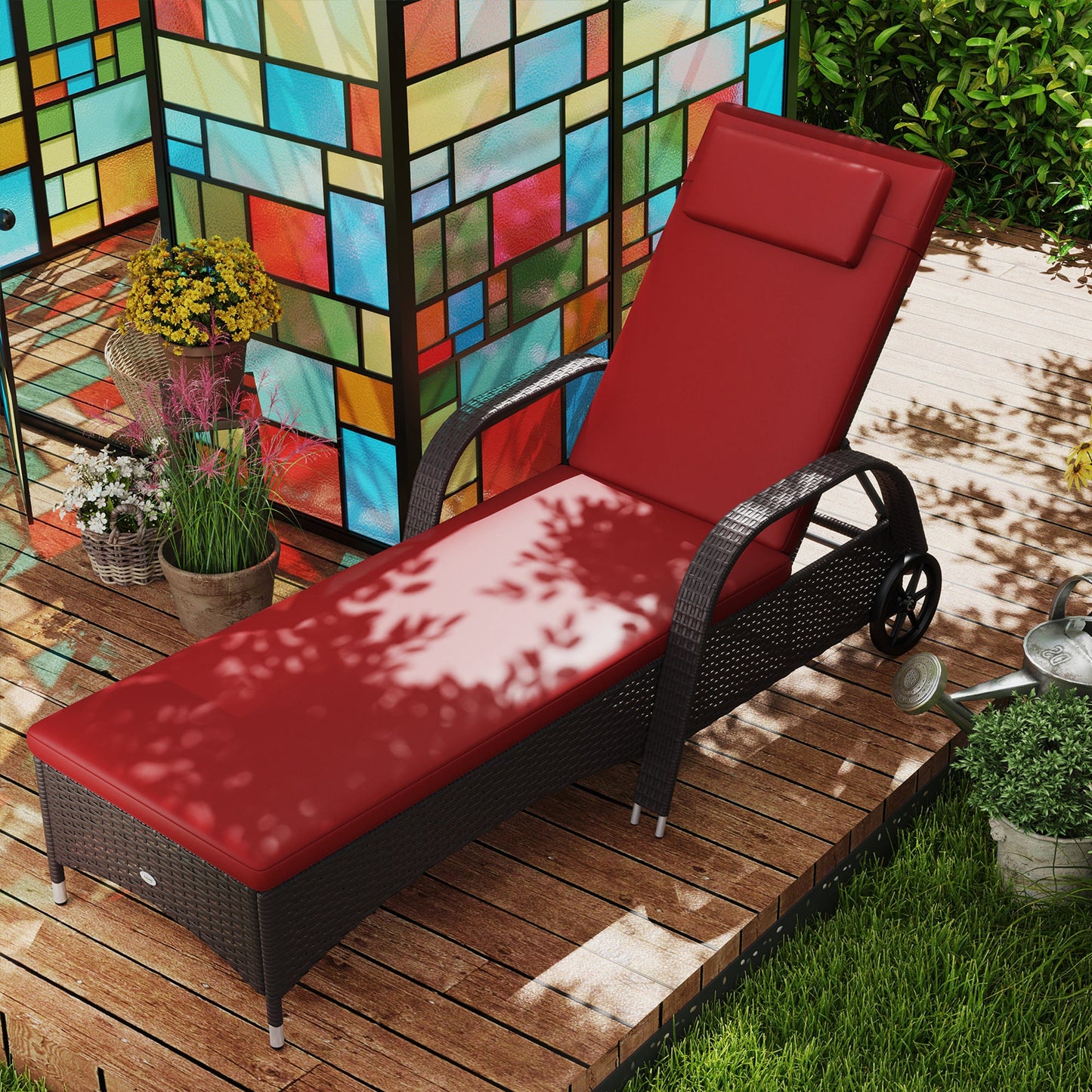 Wicker Chaise Lounge, Outdoor Lounge Chair, PE Rattan Patio Sun lounger with Head-rest, 5-Level Height Adjust Backrest, Cushion & Wheels, Deep Coffee and Wine Red