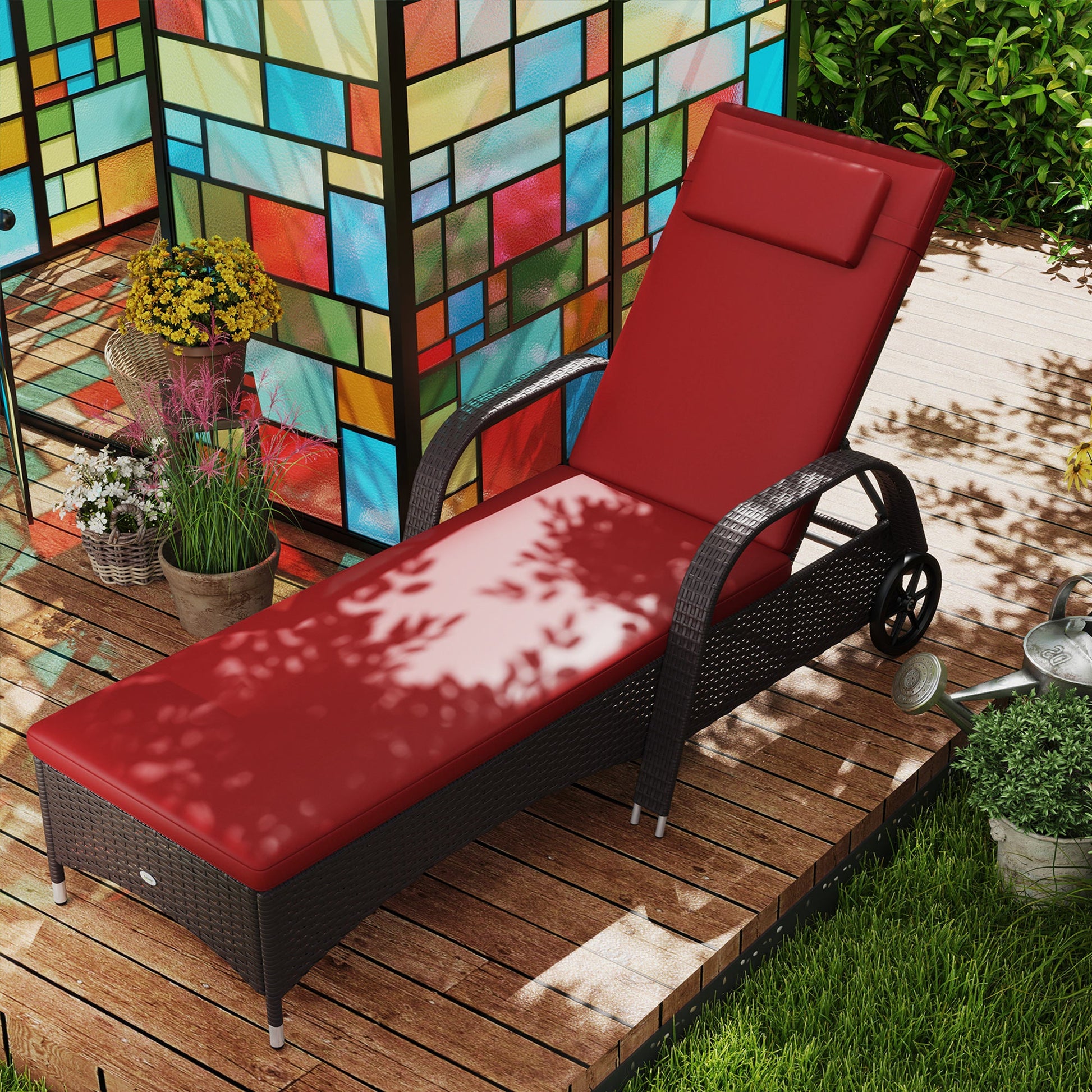 Wicker Chaise Lounge, Outdoor Lounge Chair, PE Rattan Patio Sun lounger with Head-rest, 5-Level Height Adjust Backrest, Cushion & Wheels, Deep Coffee and Wine Red