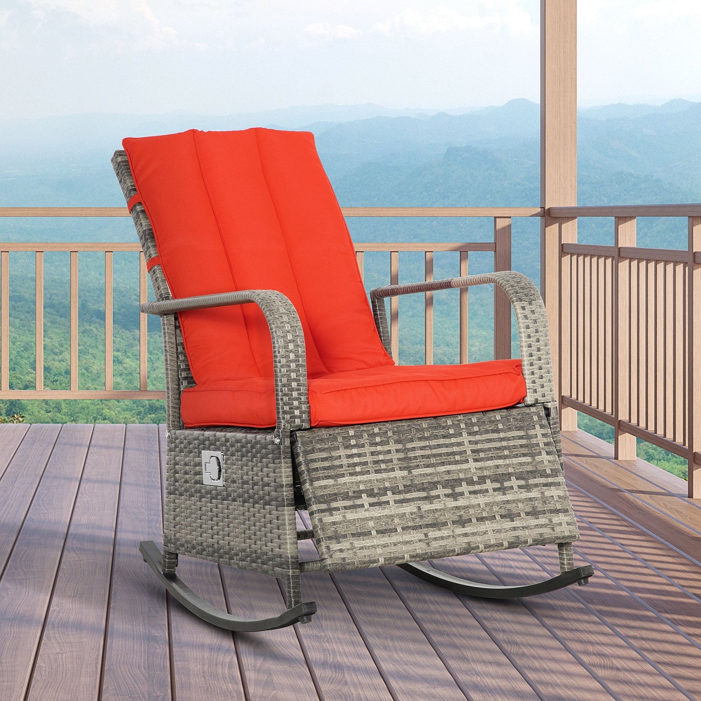 Outdoor Wicker Rocking Chair with Cushion, Patio PE Rattan Recliner Chair with Adjustable Footrest, Armrests, Red