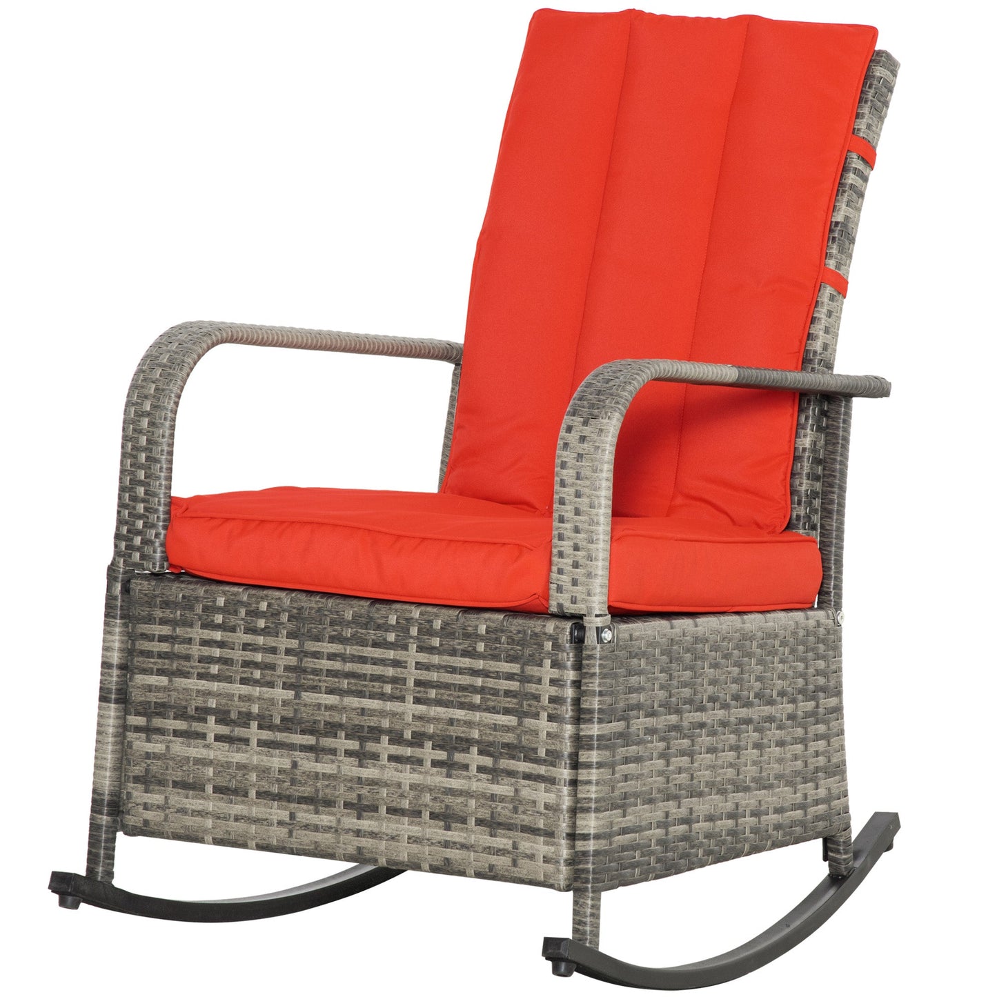 Outdoor Wicker Rocking Chair with Cushion, Patio PE Rattan Recliner Chair with Adjustable Footrest, Armrests, Red