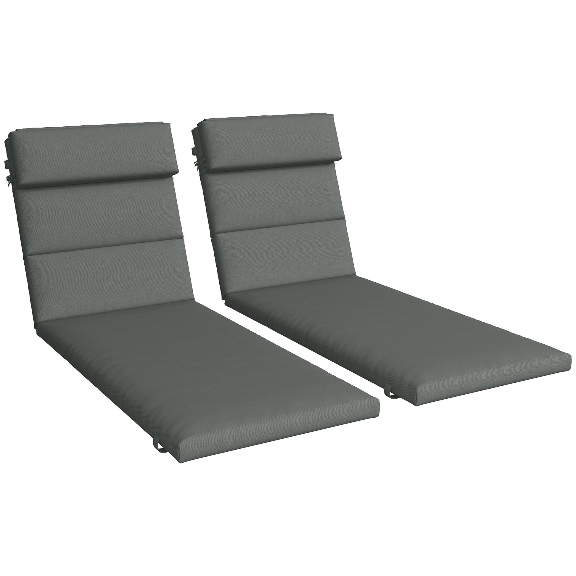 Set of 2 Outdoor Lounge Chair Cushions, Patio Chaise Lounge Cushions with Headrest and Ties, Water Resistant Replacement Sun Lounger Seat Pads, Grey