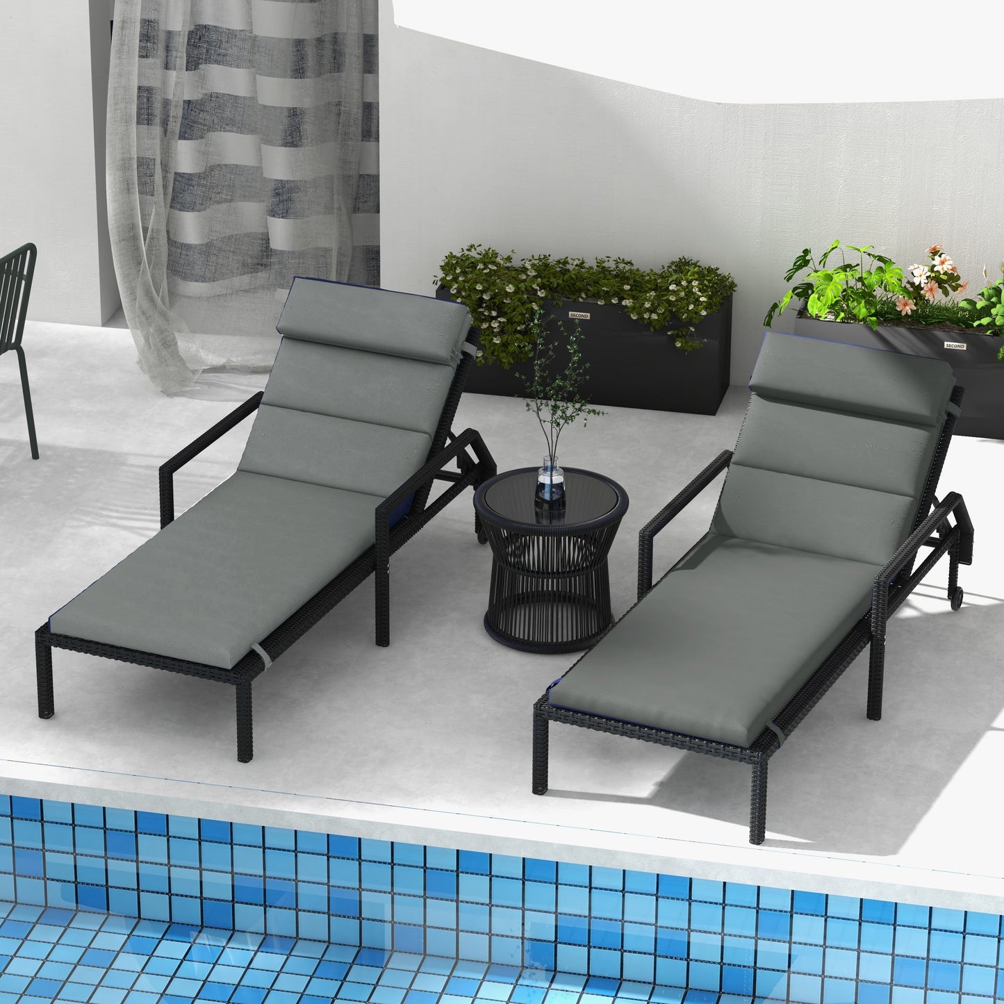Set of 2 Outdoor Lounge Chair Cushions, Patio Chaise Lounge Cushions with Headrest and Ties, Water Resistant Replacement Sun Lounger Seat Pads, Grey