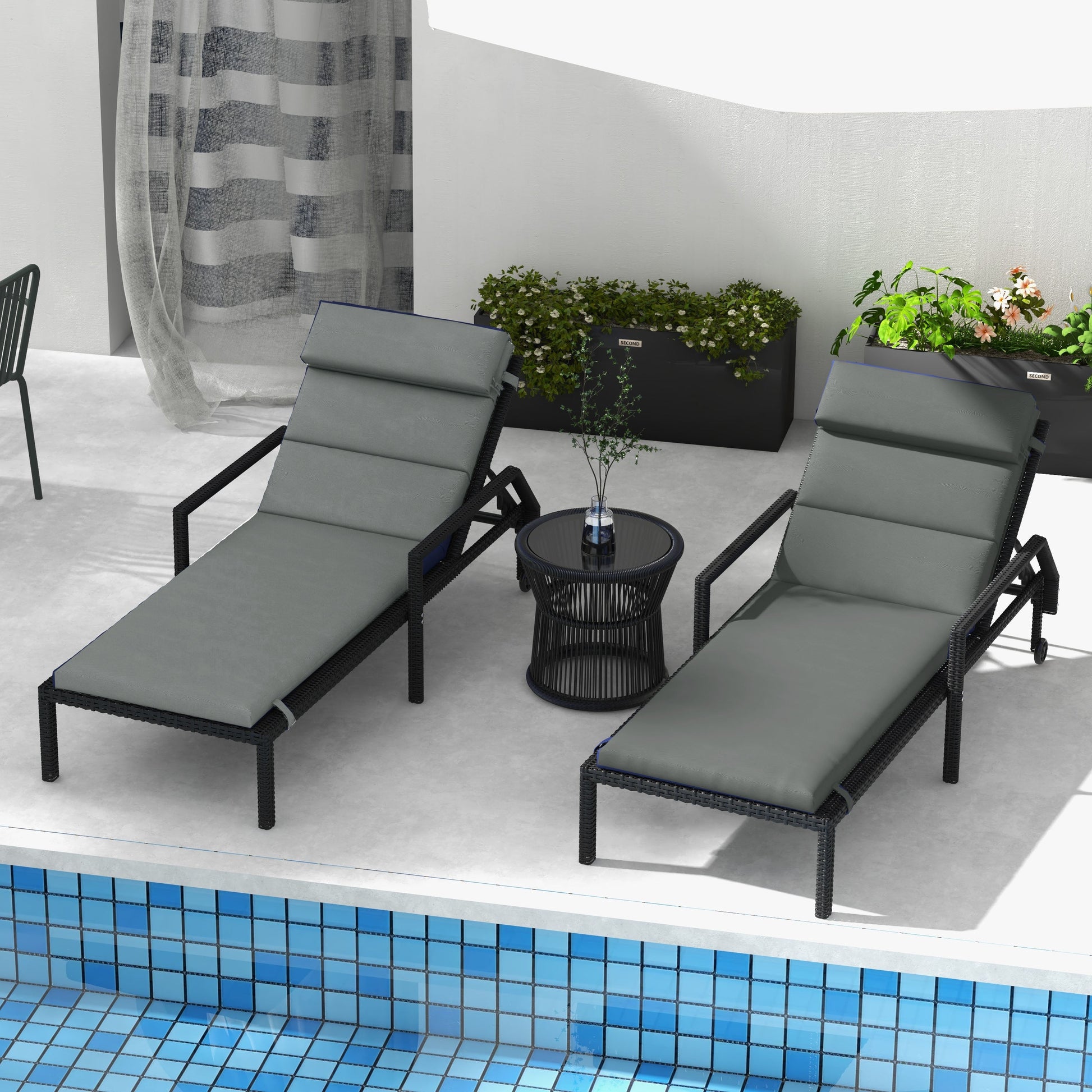 Set of 2 Outdoor Lounge Chair Cushions, Patio Chaise Lounge Cushions with Headrest and Ties, Water Resistant Replacement Sun Lounger Seat Pads, Grey
