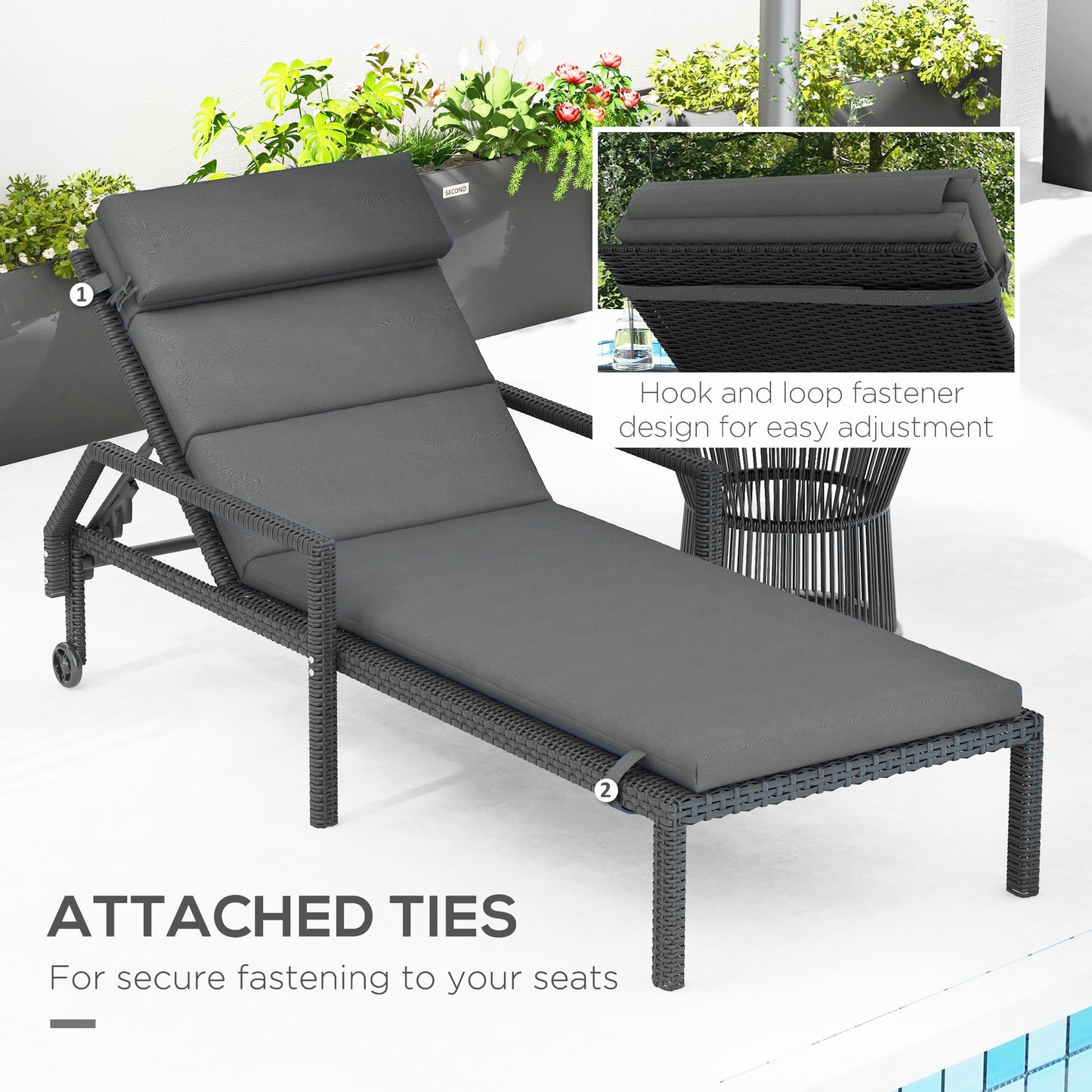Set of 2 Outdoor Lounge Chair Cushions, Patio Chaise Lounge Cushions with Headrest and Ties, Water Resistant Replacement Sun Lounger Seat Pads, Grey